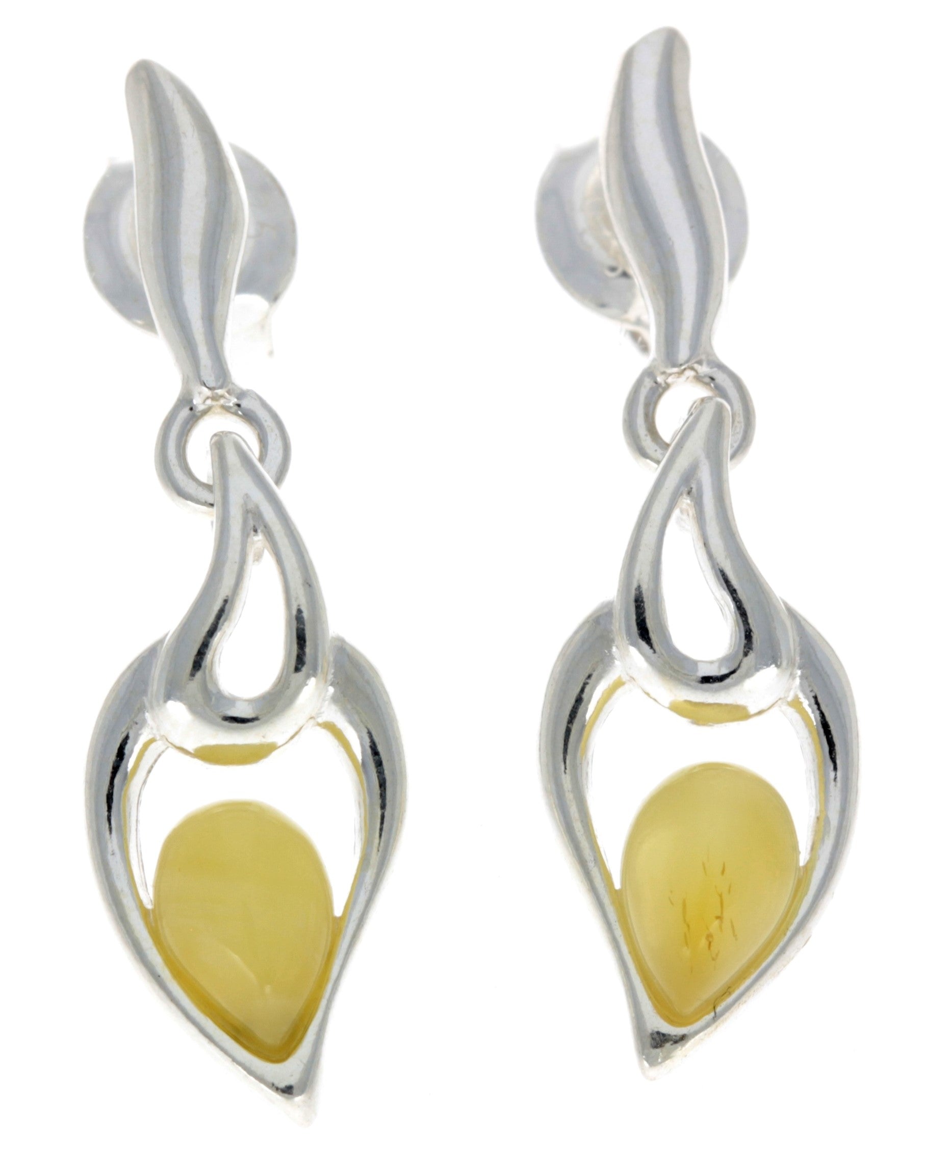 925 Sterling Silver & Genuine Baltic Amber Modern Drop Earrings - GL152