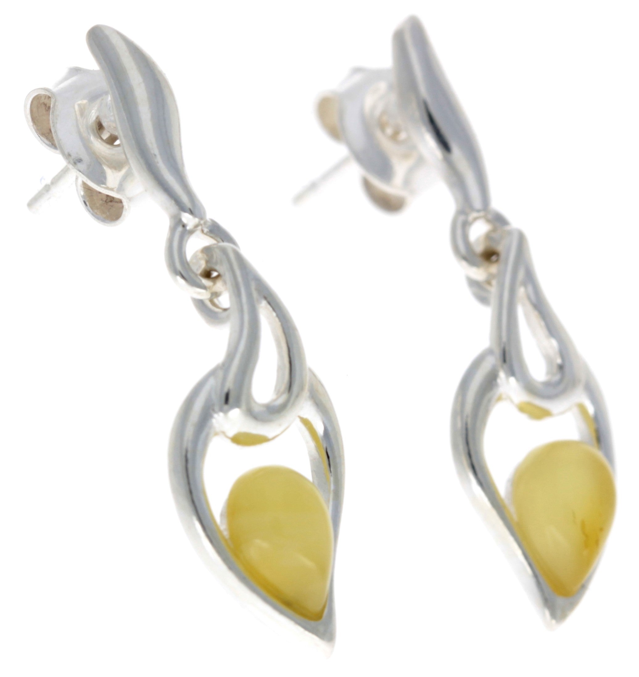 925 Sterling Silver & Genuine Baltic Amber Modern Drop Earrings - GL152