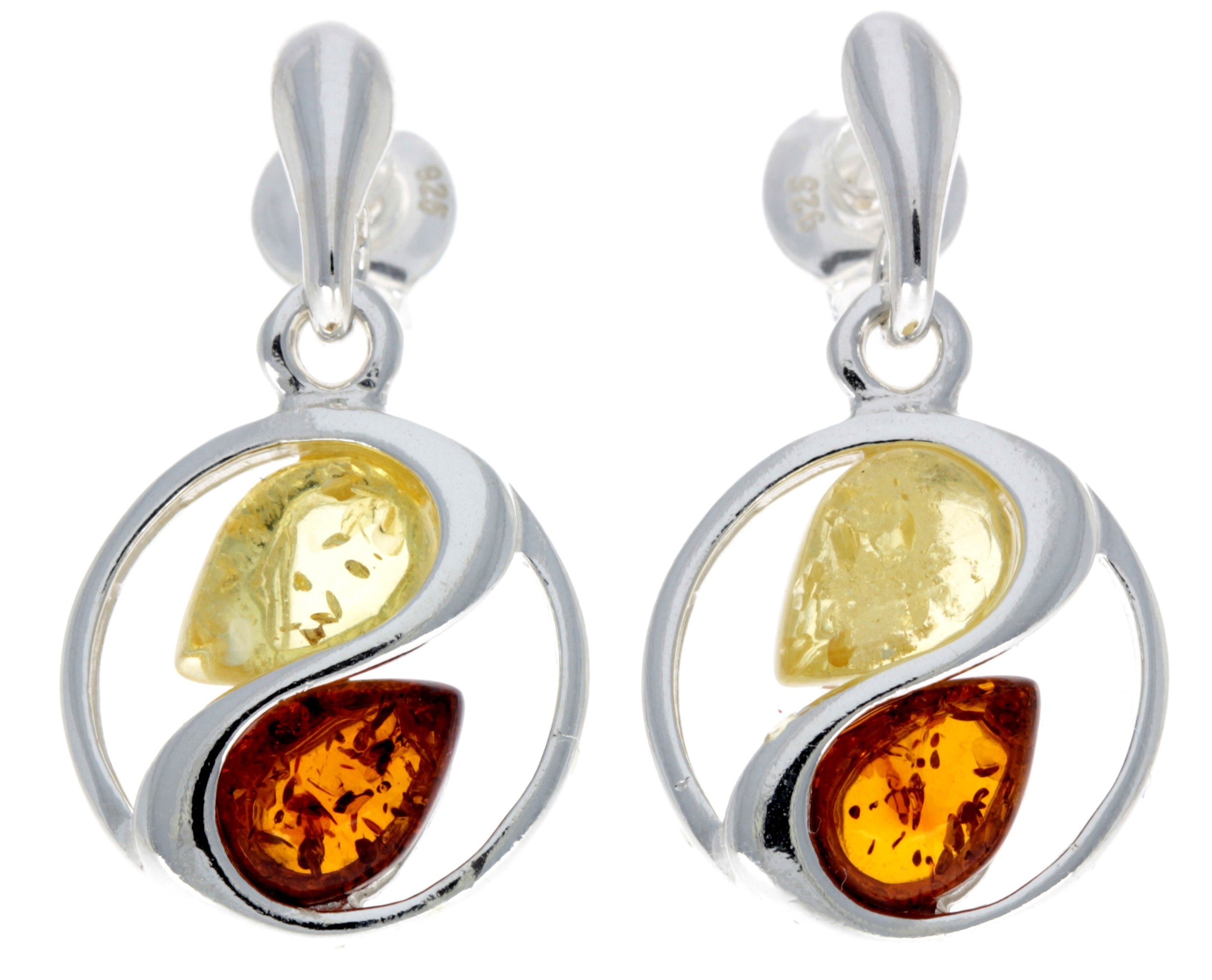 925 Sterling Silver & Genuine Baltic Amber Modern Drop Earrings - GL153