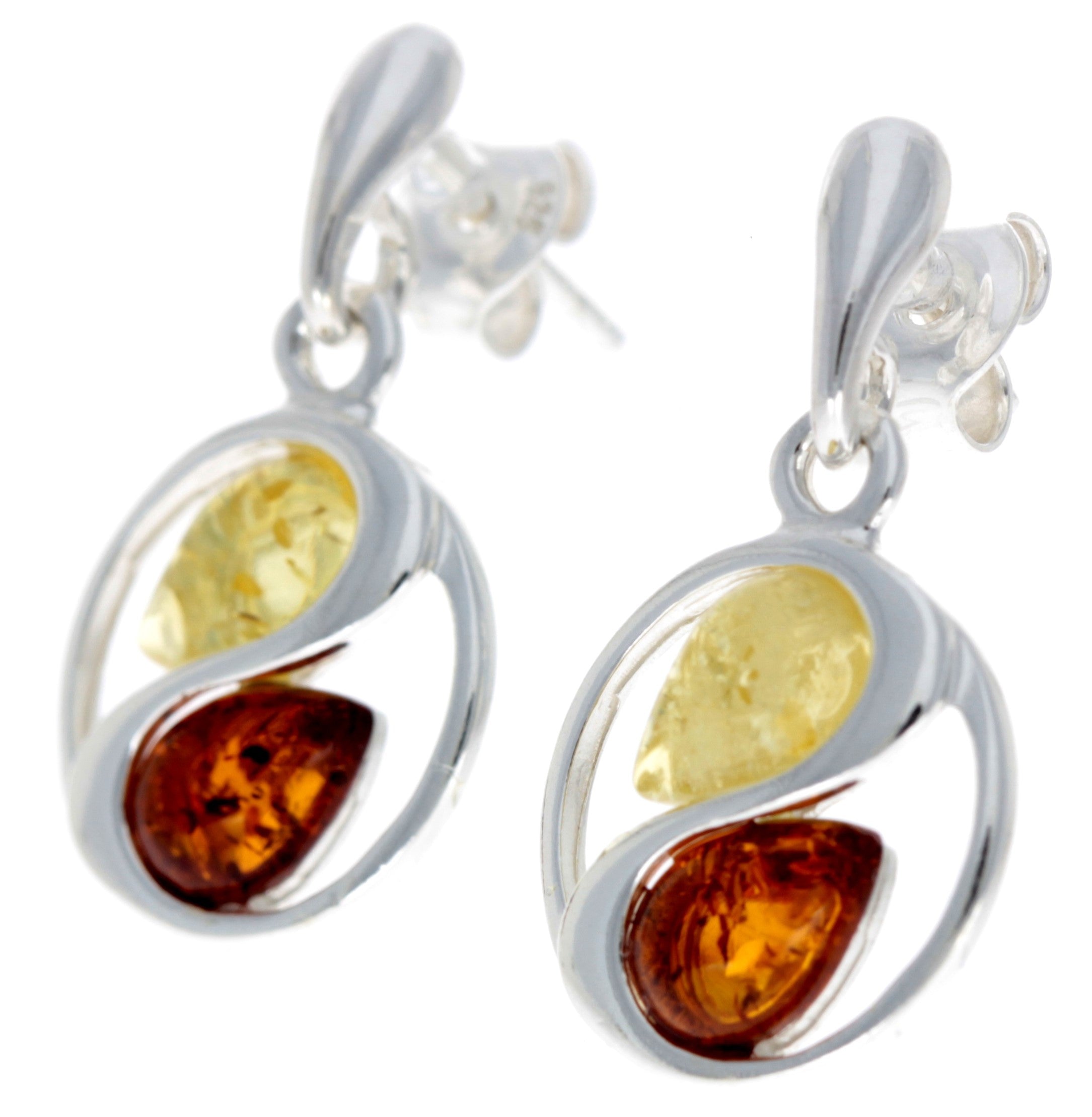 925 Sterling Silver & Genuine Baltic Amber Modern Drop Earrings - GL153