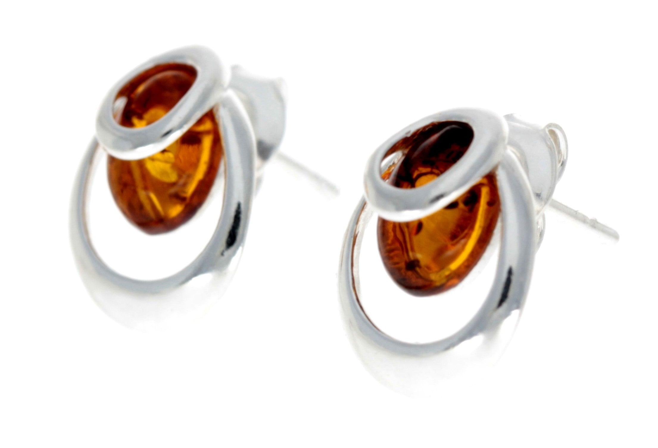 925 Sterling Silver & Genuine Baltic Amber Modern Studs Earrings - GL155