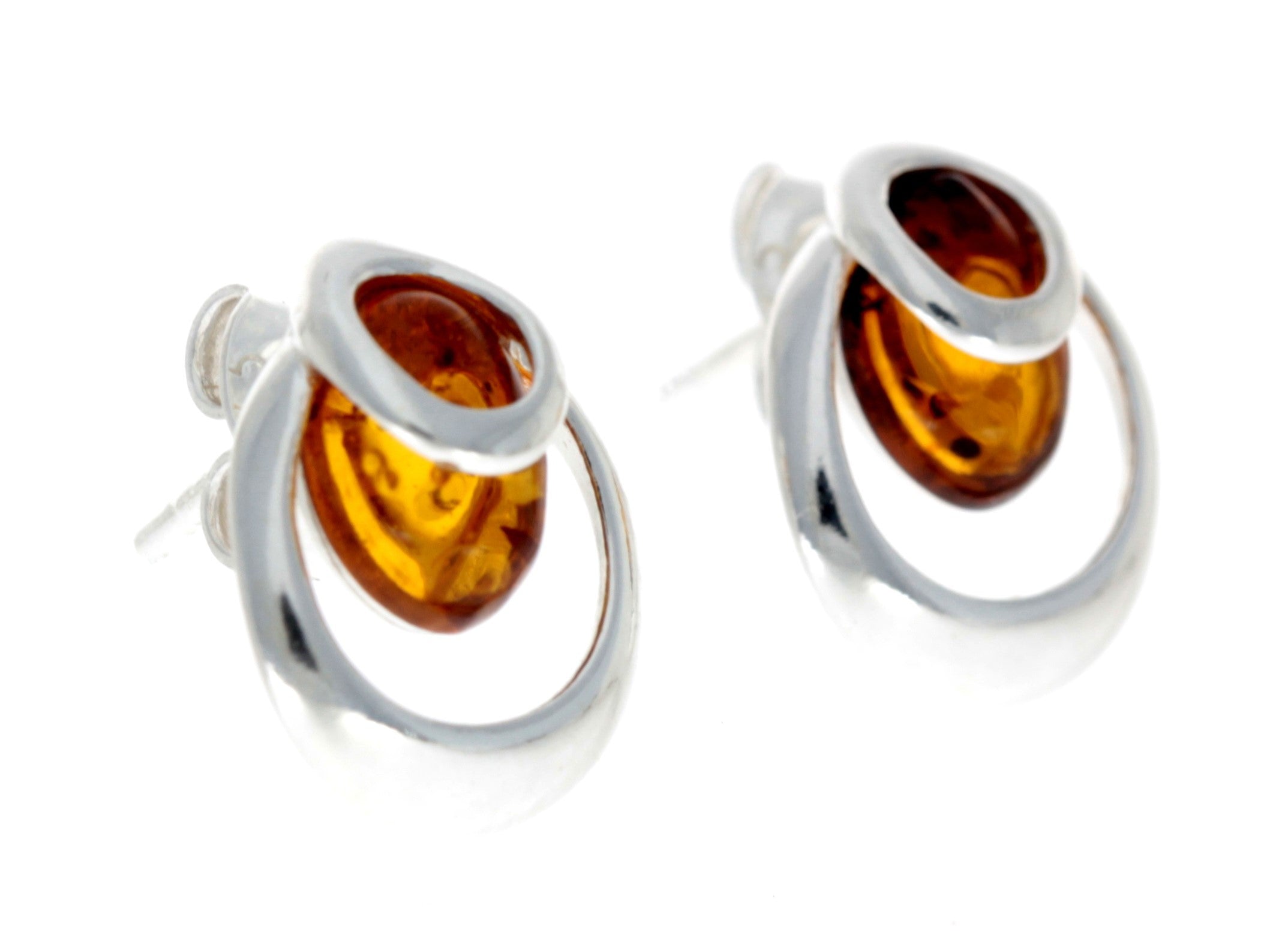 925 Sterling Silver & Genuine Baltic Amber Modern Studs Earrings - GL155