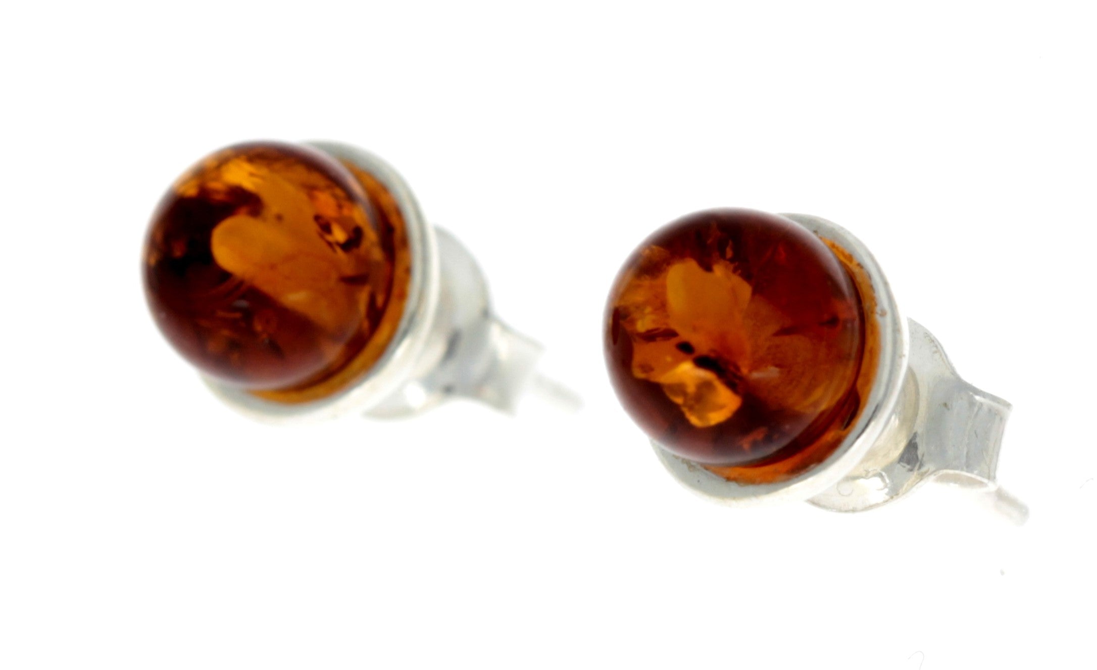 925 Sterling Silver & Genuine Baltic Amber Classic Round Studs Earrings - GL157