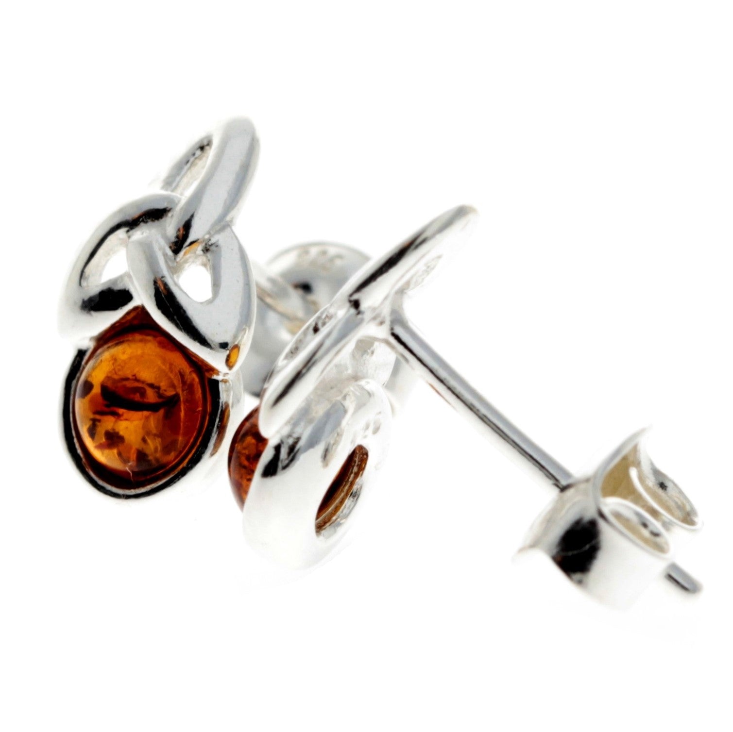 925 Sterling Silver & Genuine Baltic Amber Modern Celtic Studs Earrings - GL167