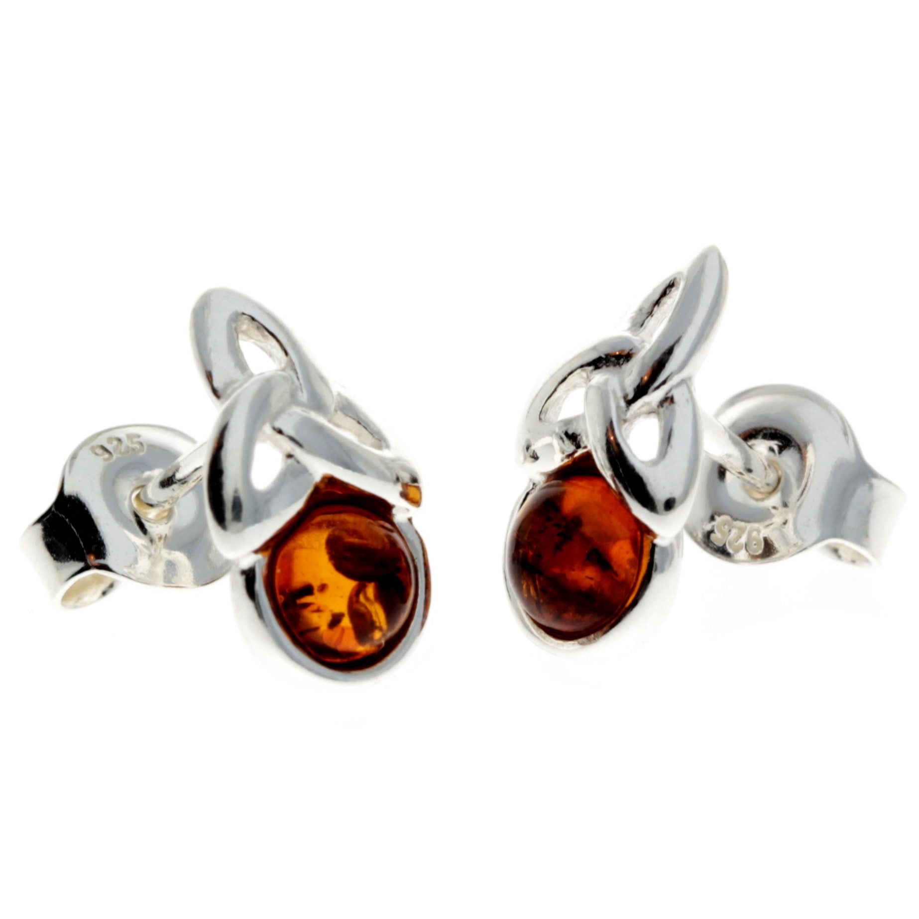 925 Sterling Silver & Genuine Baltic Amber Modern Celtic Studs Earrings - GL167