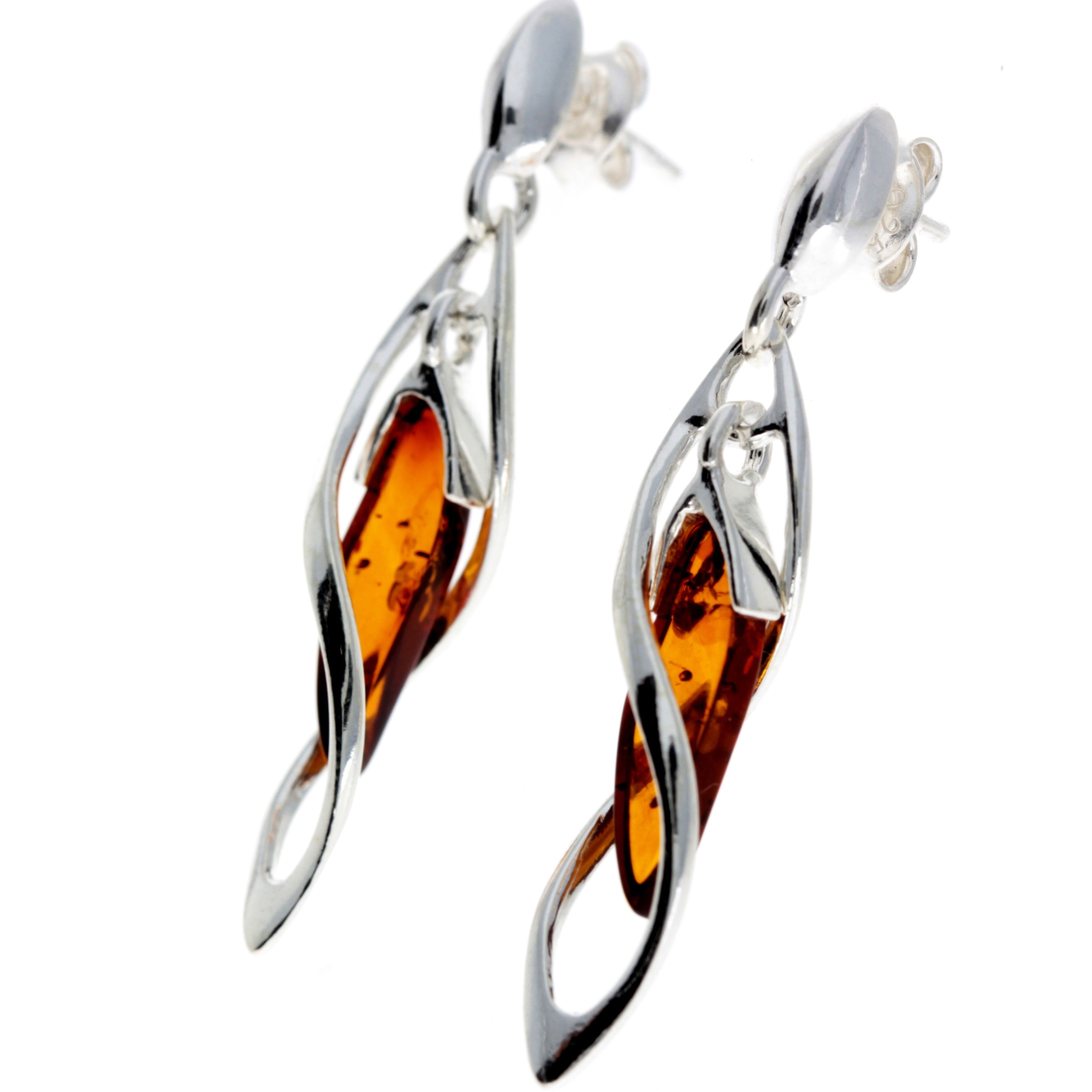 925 Sterling Silver & Genuine Baltic Amber Modern Drop Earrings - GL172