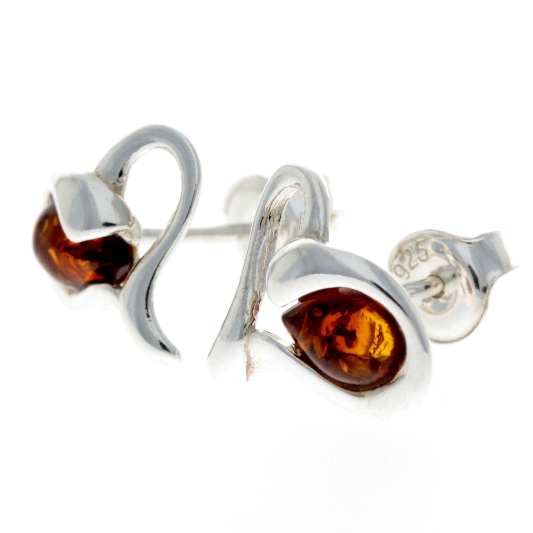 925 Sterling Silver & Genuine Baltic Amber Modern Hearts Studs Earrings - GL178