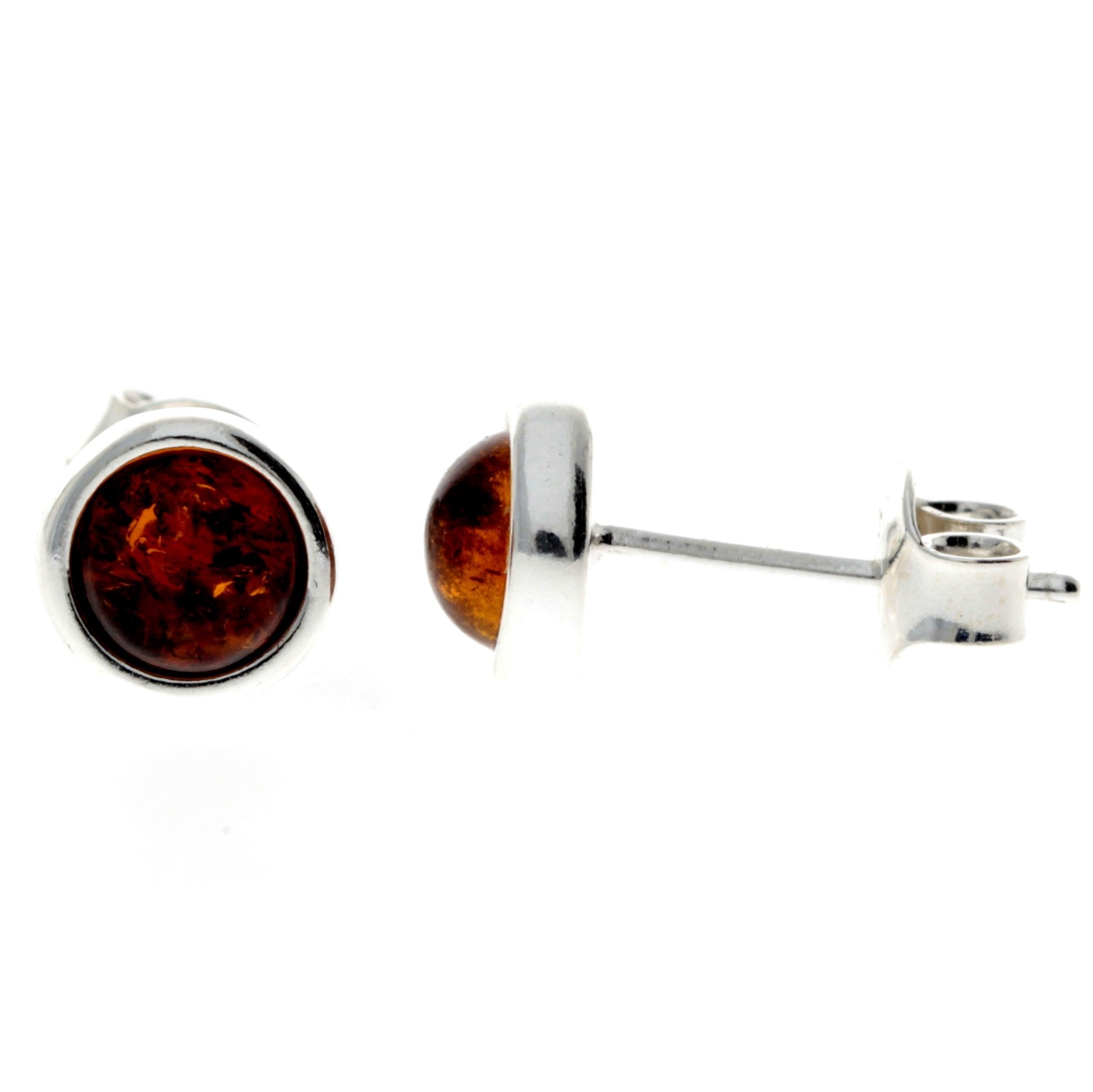 925 Sterling Silver & Genuine Baltic Amber Classic Round Studs Earrings various sizes - GL189