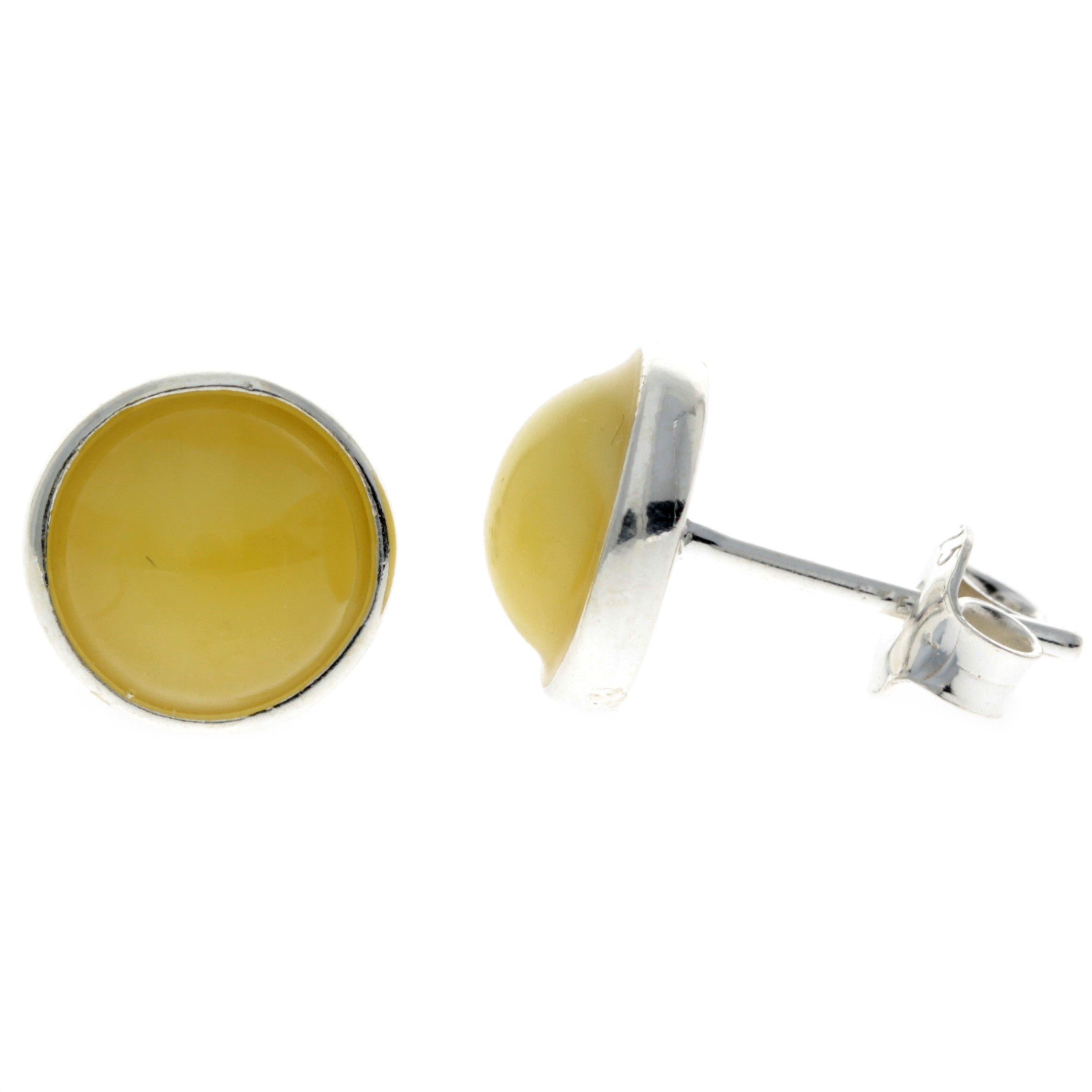 925 Sterling Silver & Genuine Baltic Amber Classic Round Studs Earrings various sizes - GL189