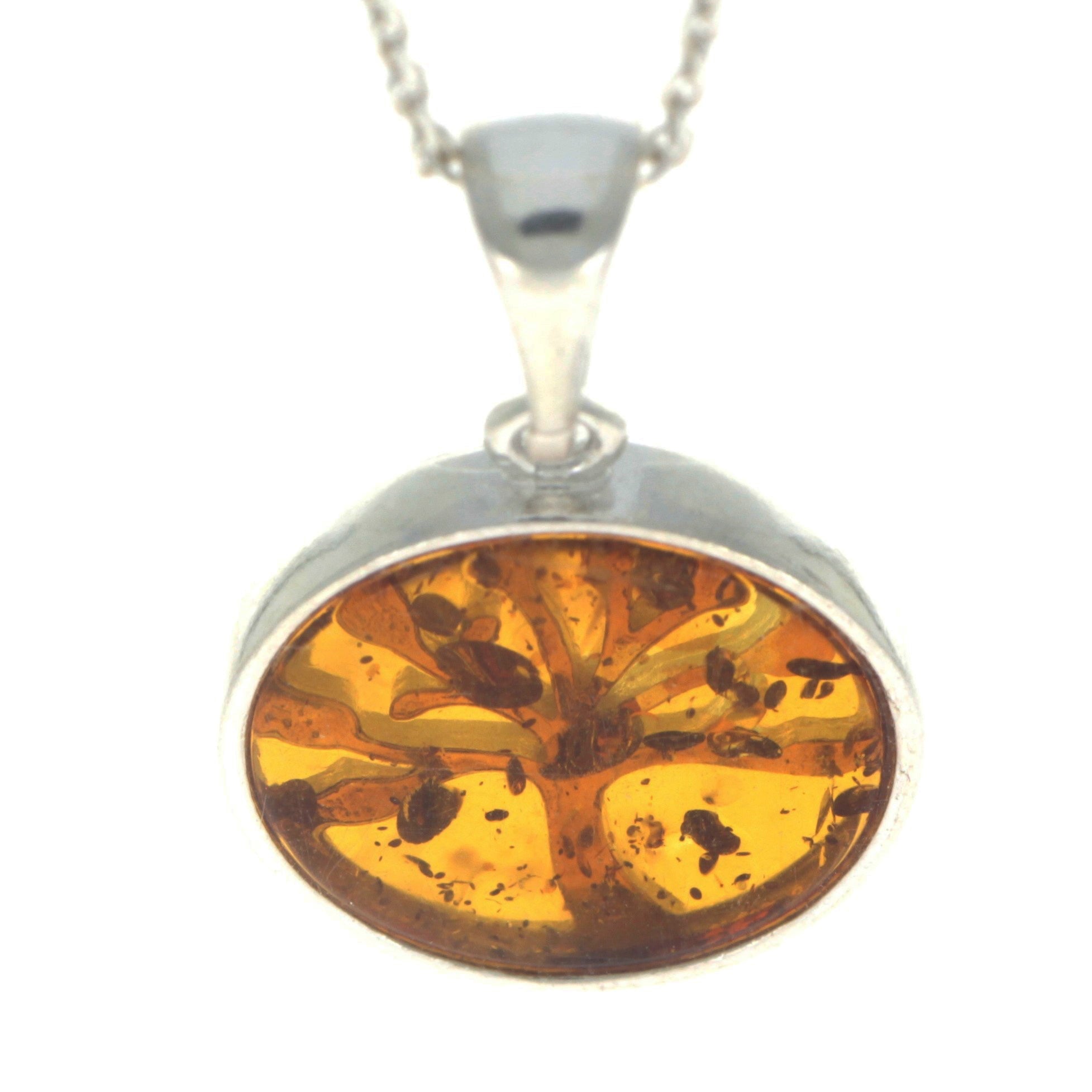 925 Sterling Silver & Genuine Baltic Amber Tree of Life Pendant - GL2031