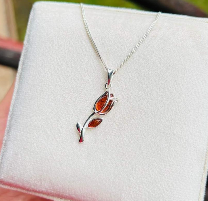 925 Sterling Silver & Genuine Baltic Amber Tulip Modern Pendant - GL2033