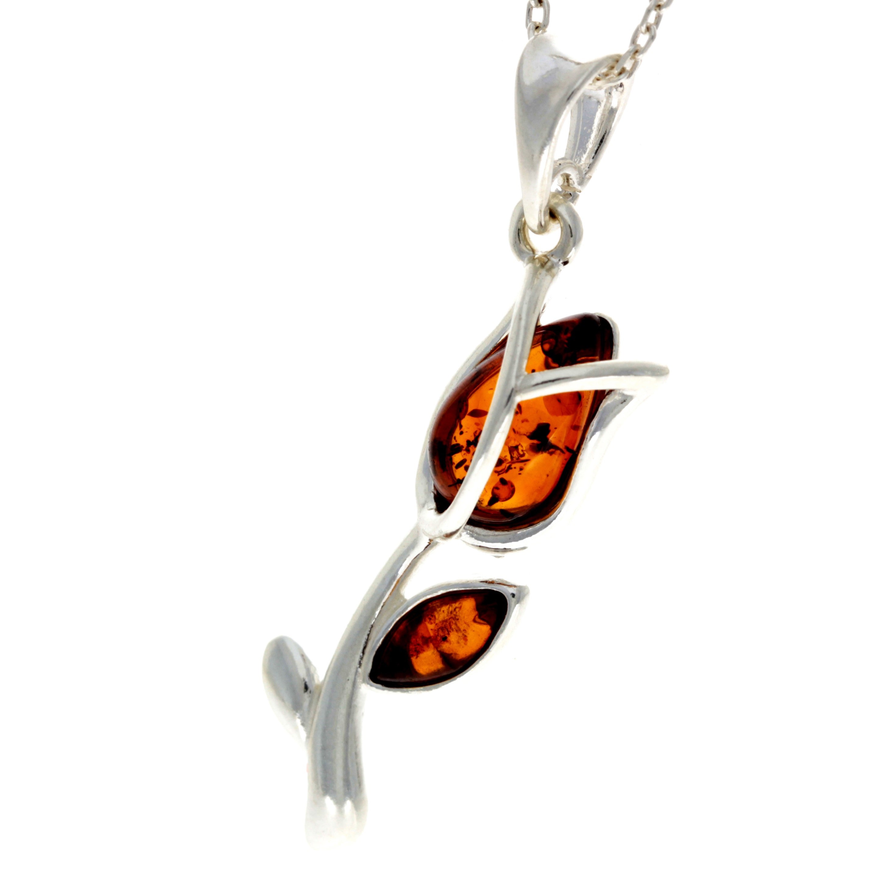 925 Sterling Silver & Genuine Baltic Amber Tulip Modern Pendant - GL2033