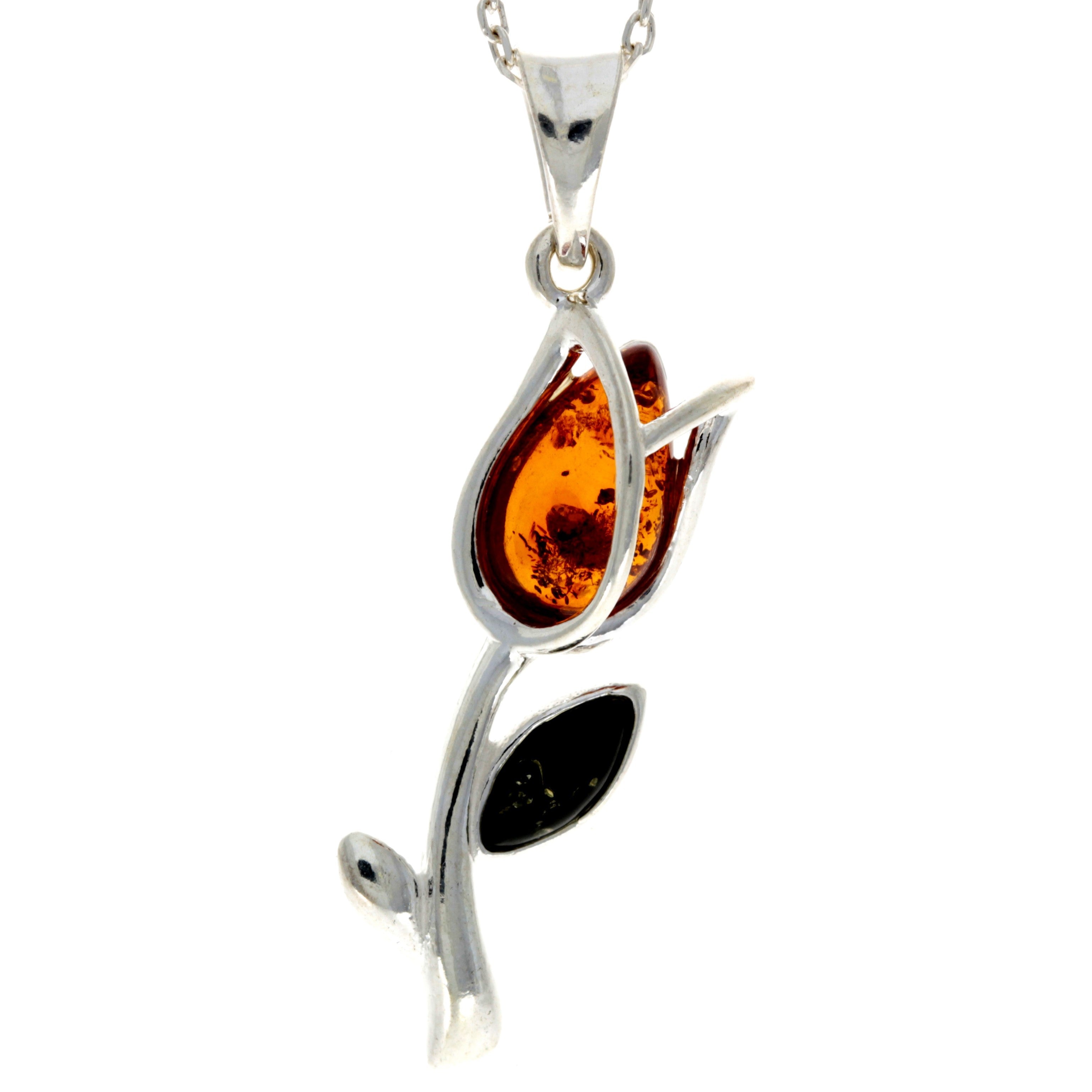 925 Sterling Silver & Genuine Baltic Amber Tulip Modern Pendant - GL2033