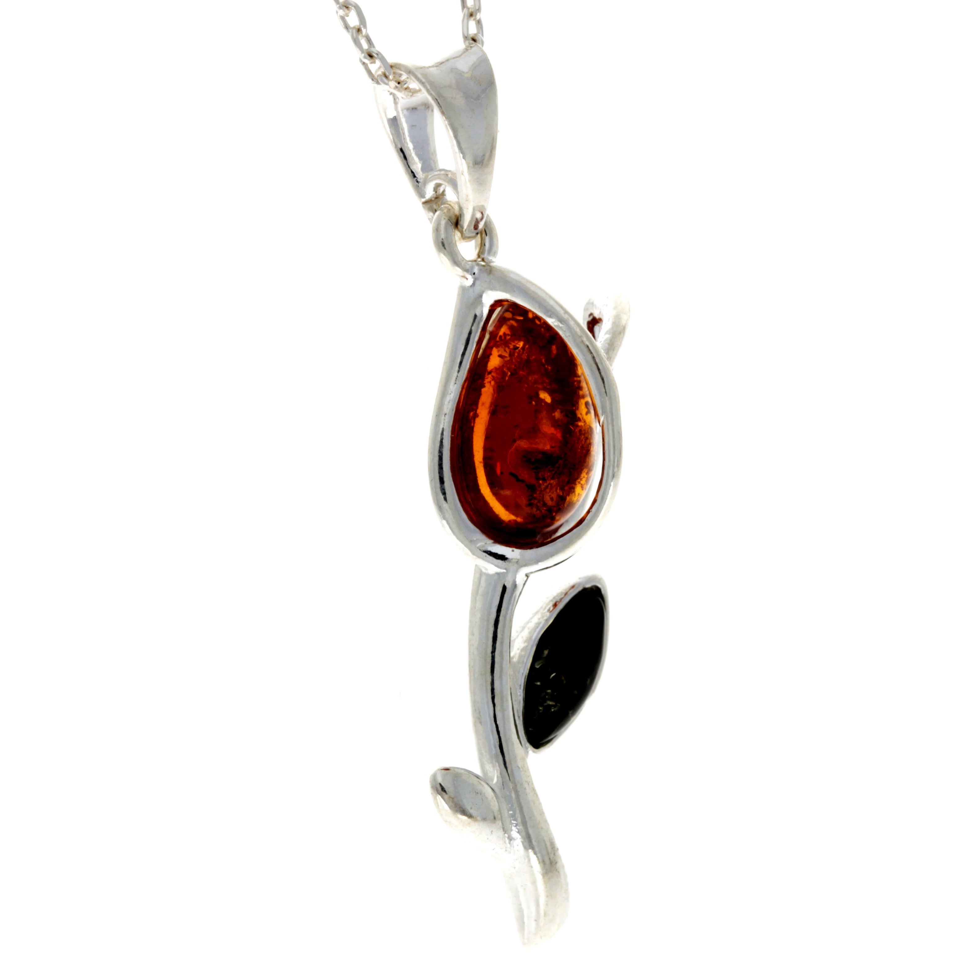 925 Sterling Silver & Genuine Baltic Amber Tulip Modern Pendant - GL2033