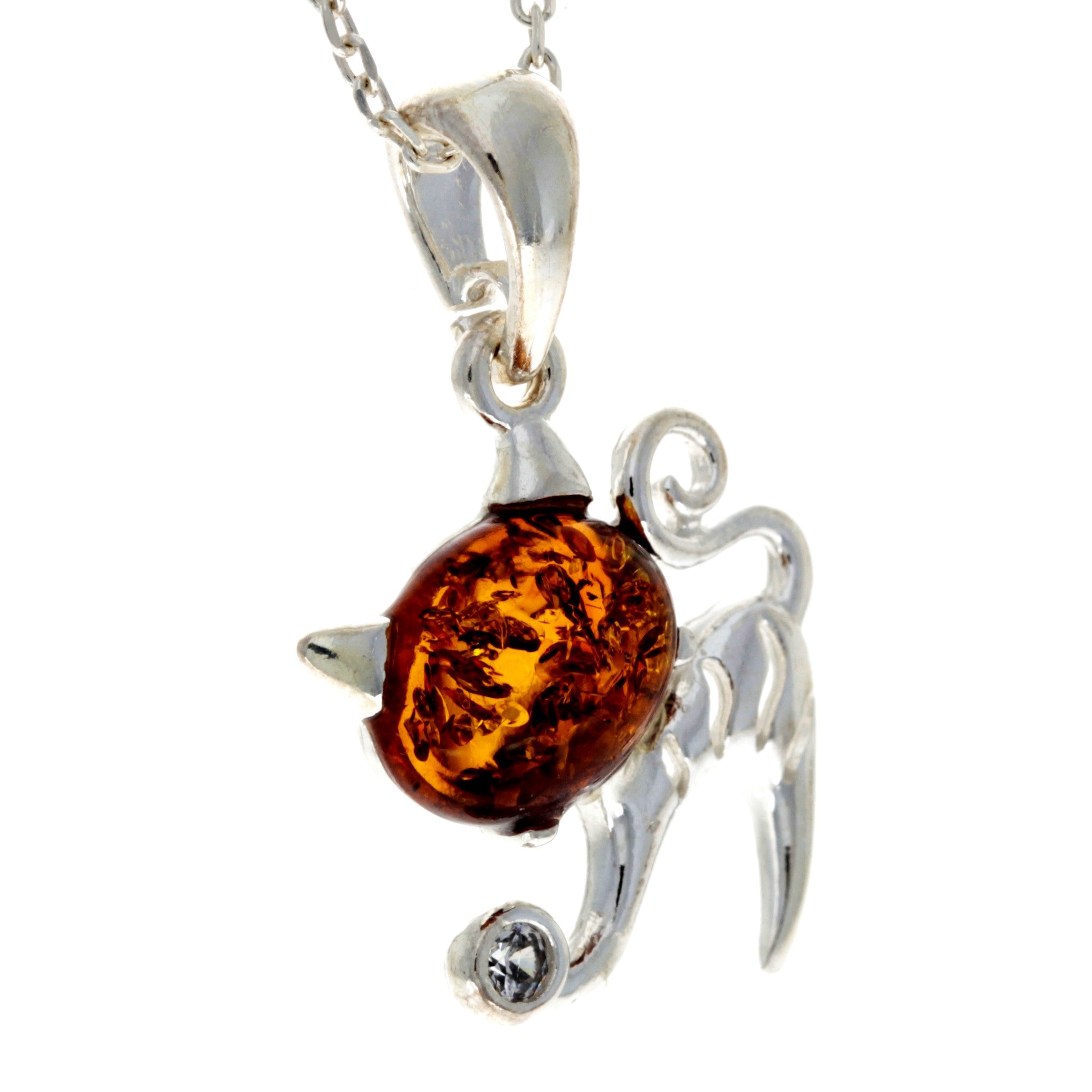 925 Sterling Silver & Genuine Baltic Amber Modern Pussy Cat Pendant - GL2034