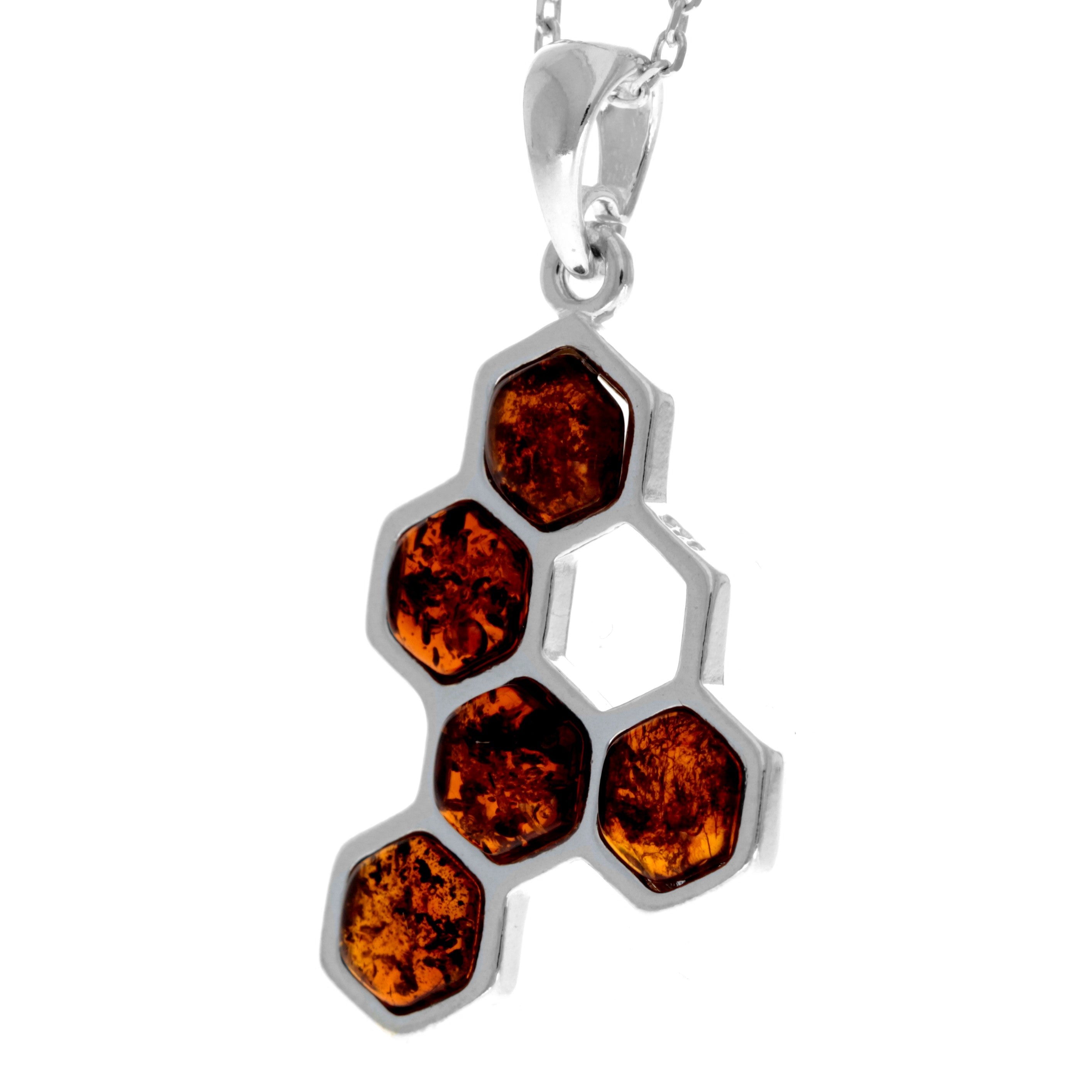 925 Sterling Silver & Genuine Baltic Amber Modern Honeycomb Pendant - GL2039