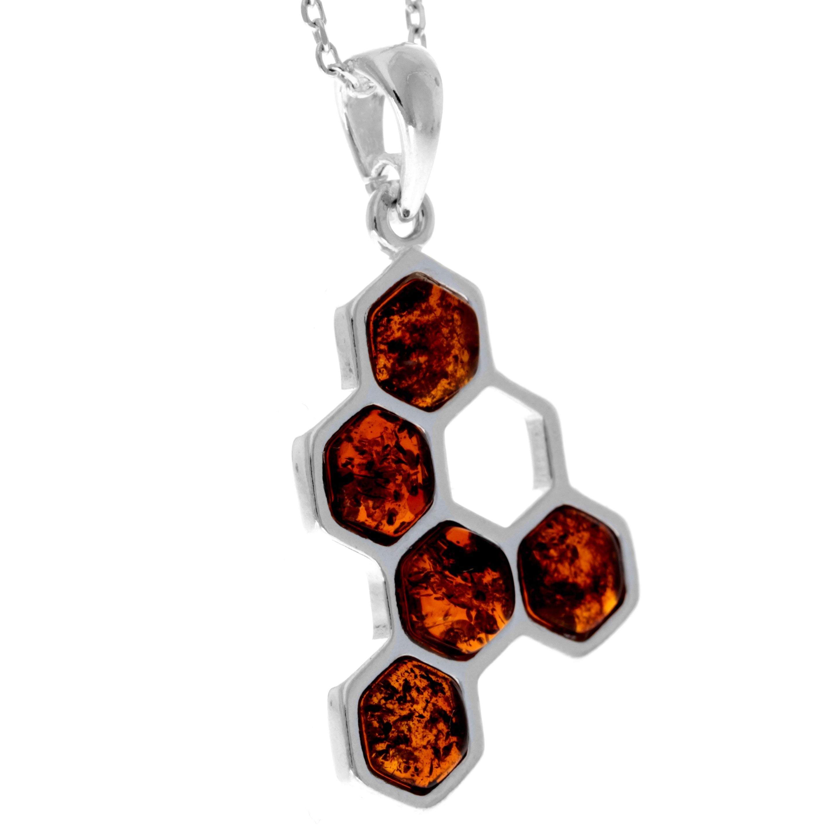 925 Sterling Silver & Genuine Baltic Amber Modern Honeycomb Pendant - GL2039