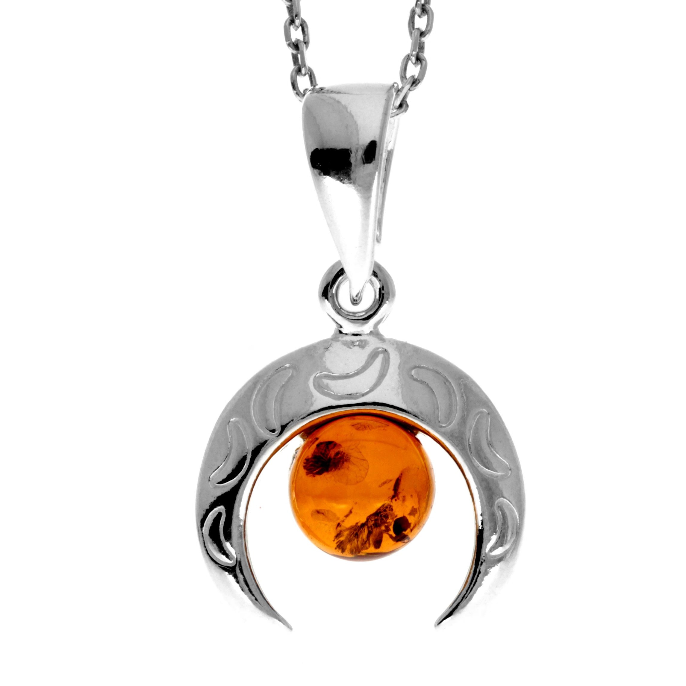 925 Sterling Silver & Genuine Baltic Amber Half Moon Modern Pendant - GL2044