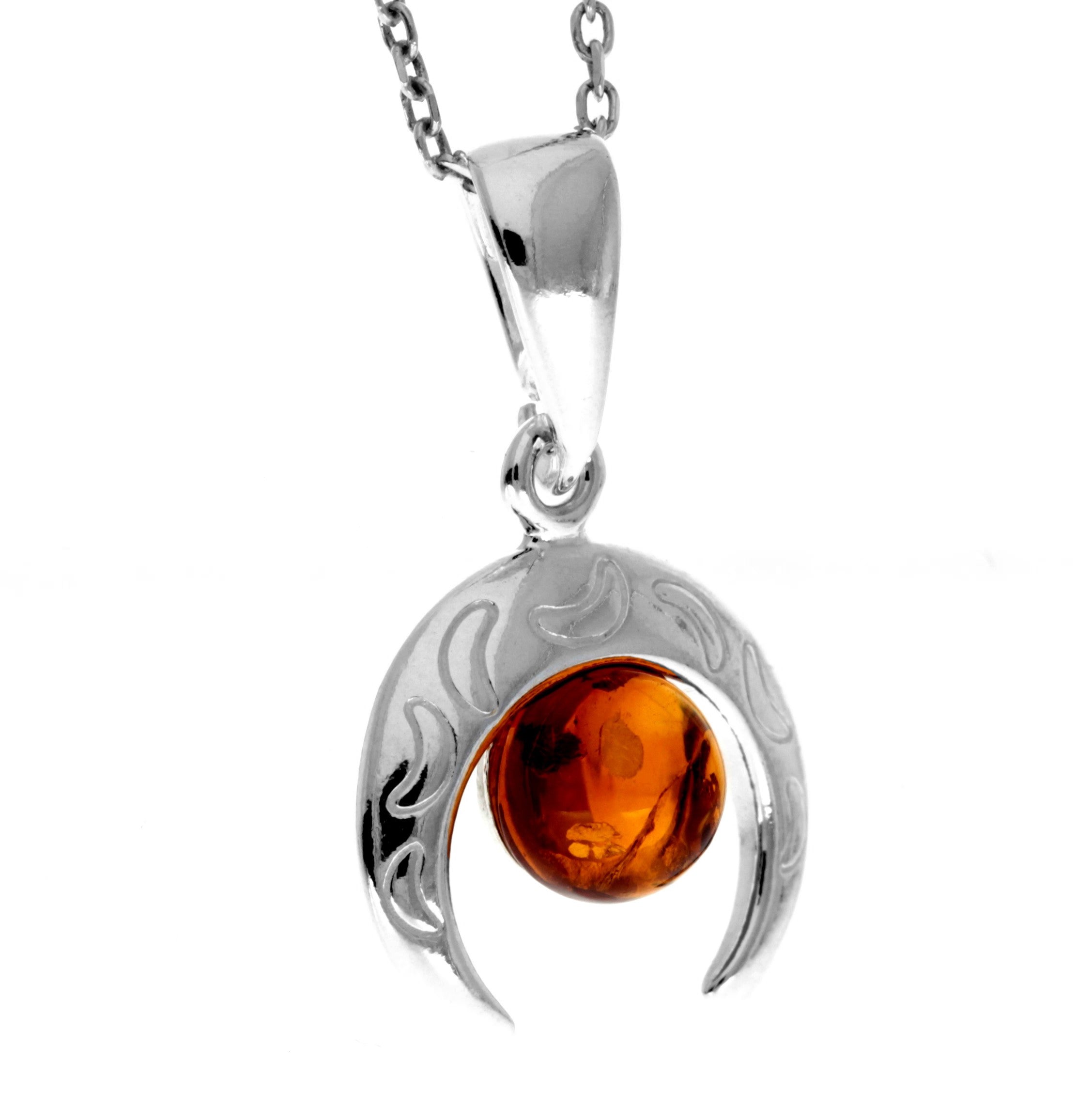 925 Sterling Silver & Genuine Baltic Amber Half Moon Modern Pendant - GL2044