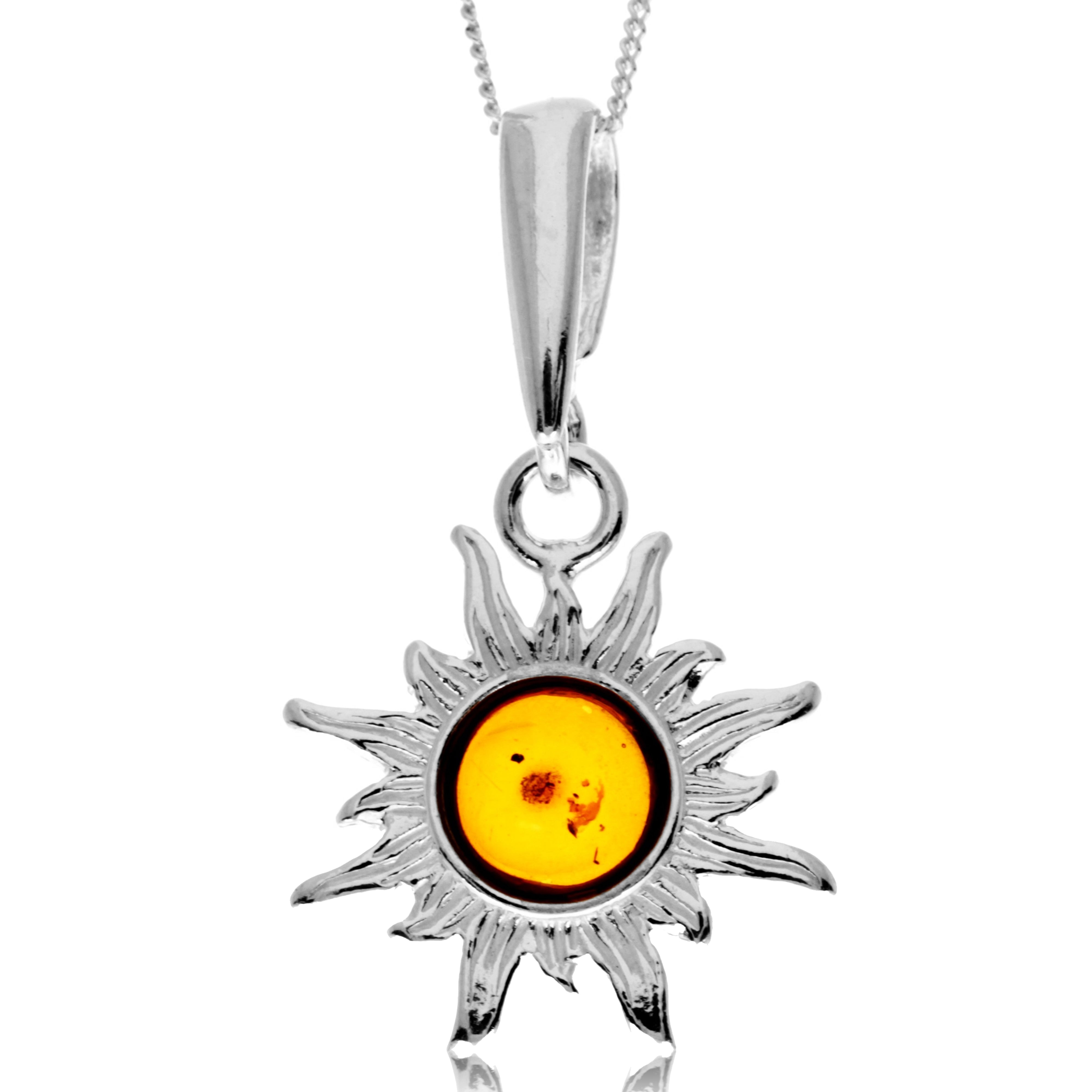 925 Steling Silver & Genuine Baltic Amber Classic Sun Pendant - GL2045