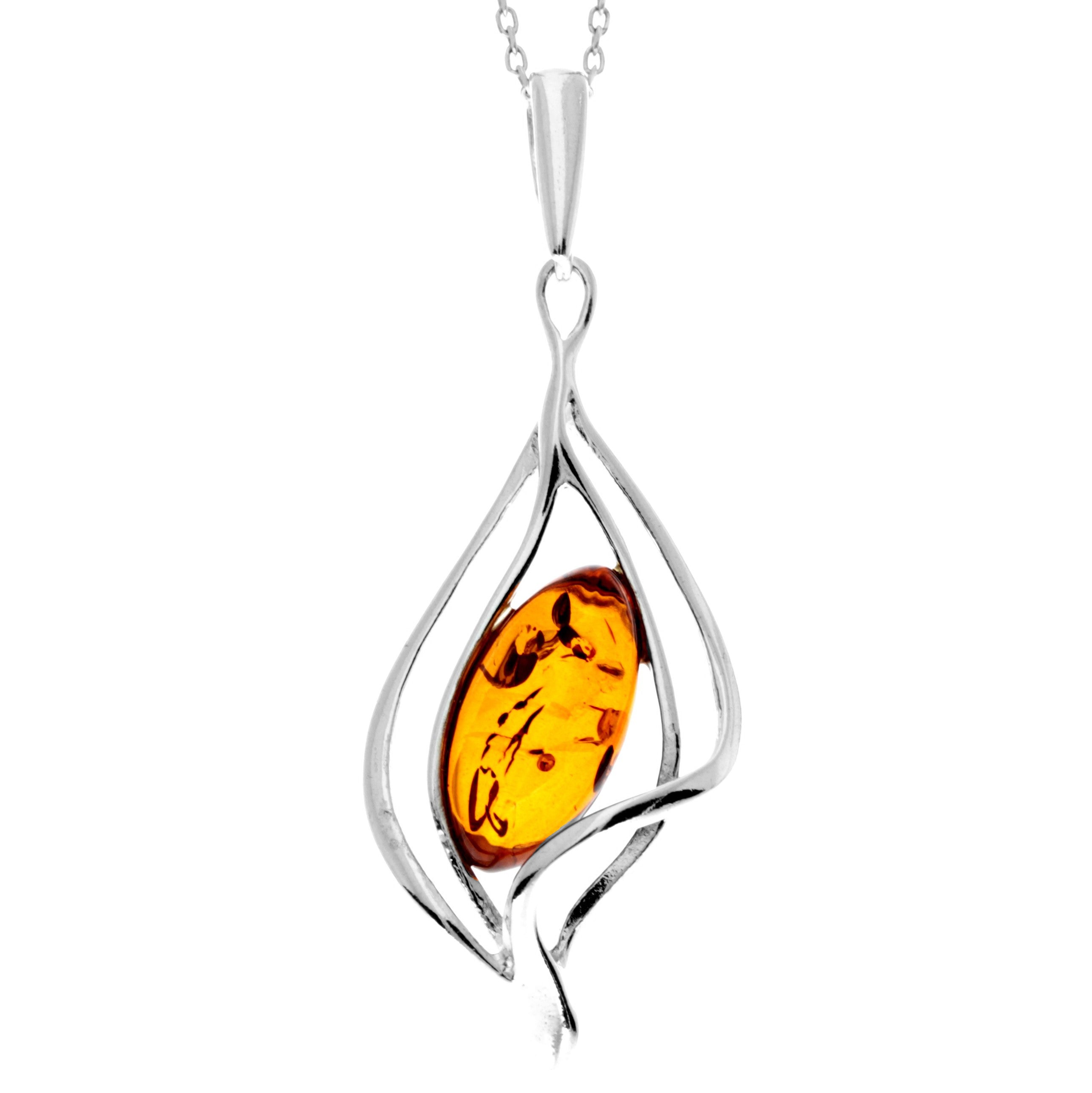 925 Sterling Silver & Genuine Baltic Amber Large Modern Pendant - GL208