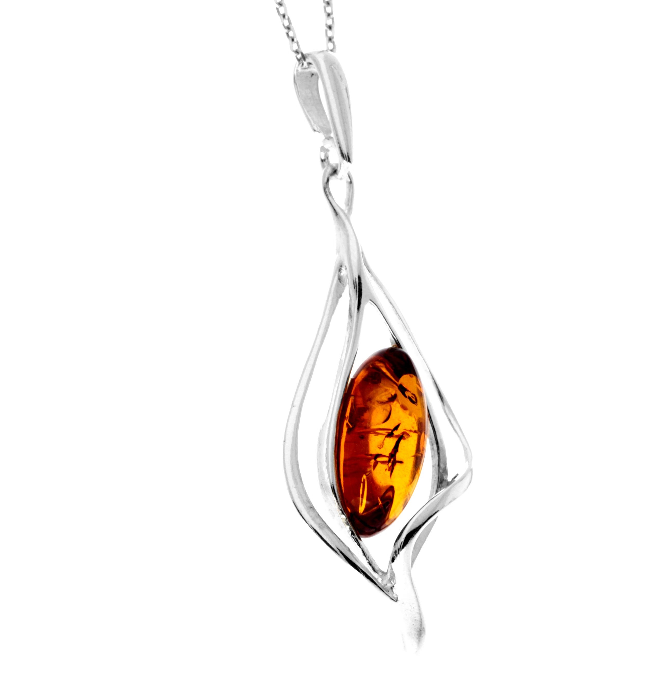 925 Sterling Silver & Genuine Baltic Amber Large Modern Pendant - GL208