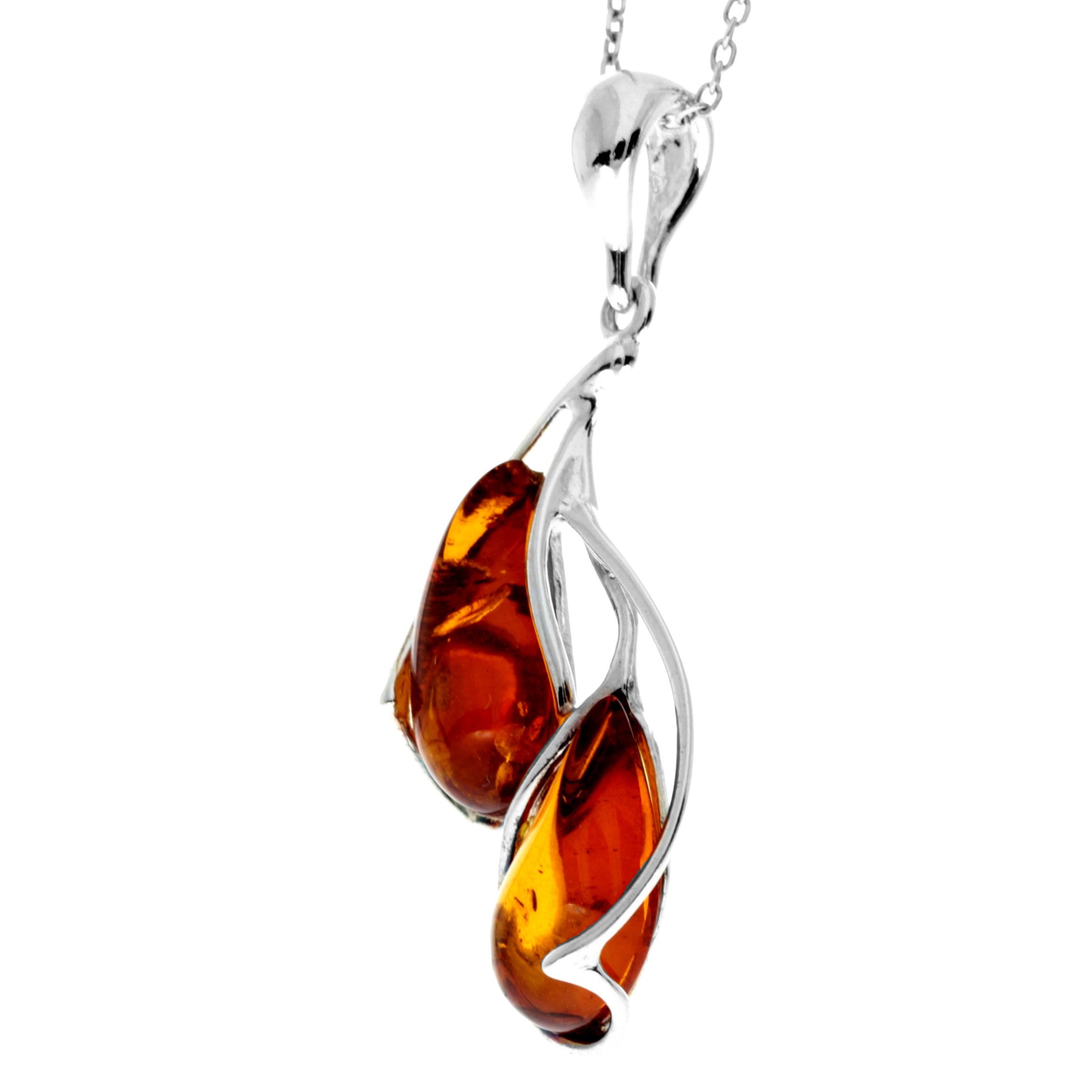 925 Sterling Silver & Genuine Baltic Amber Large Modern 2 Stones Pendant - GL218