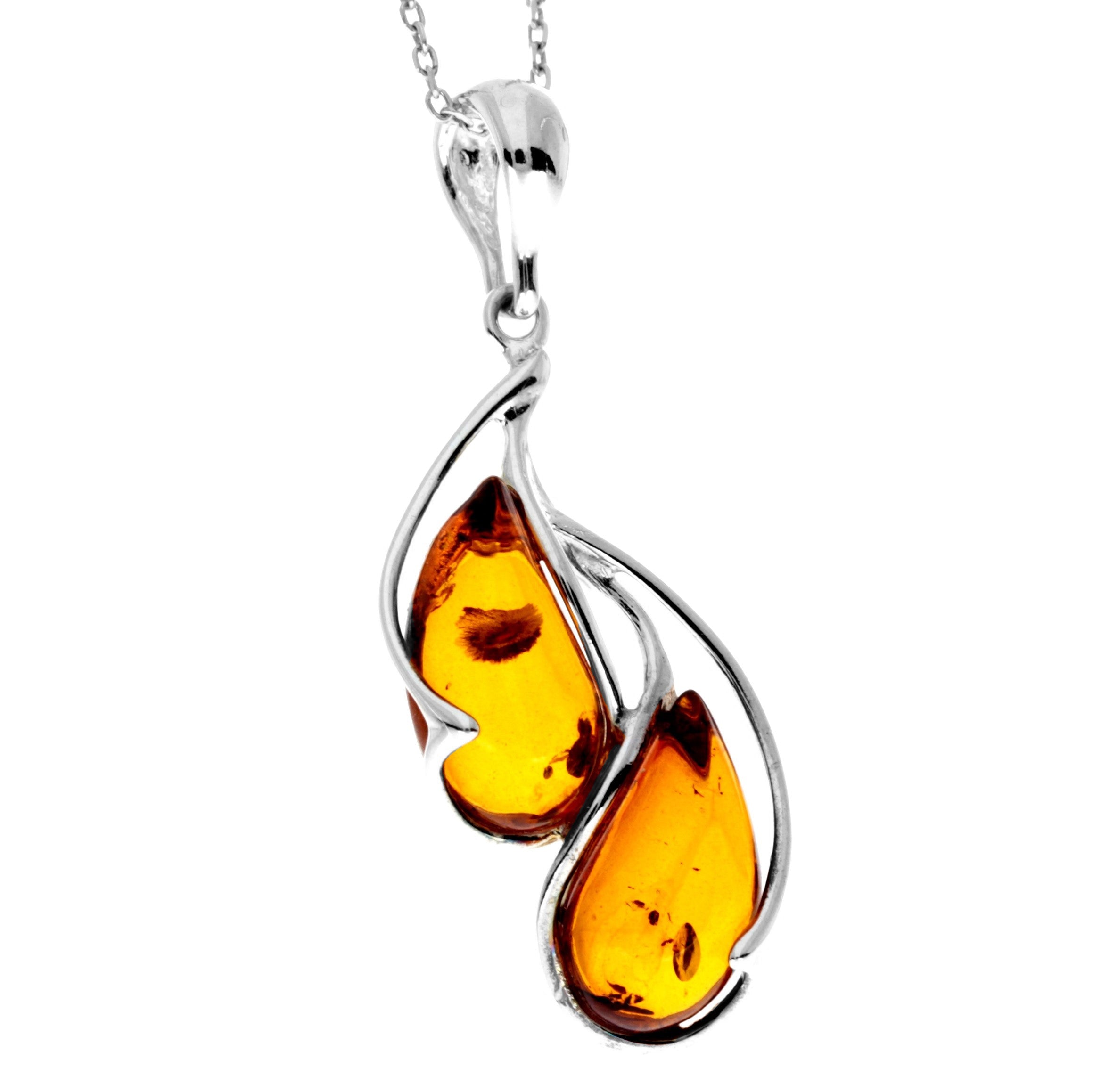 925 Sterling Silver & Genuine Baltic Amber Large Modern 2 Stones Pendant - GL218