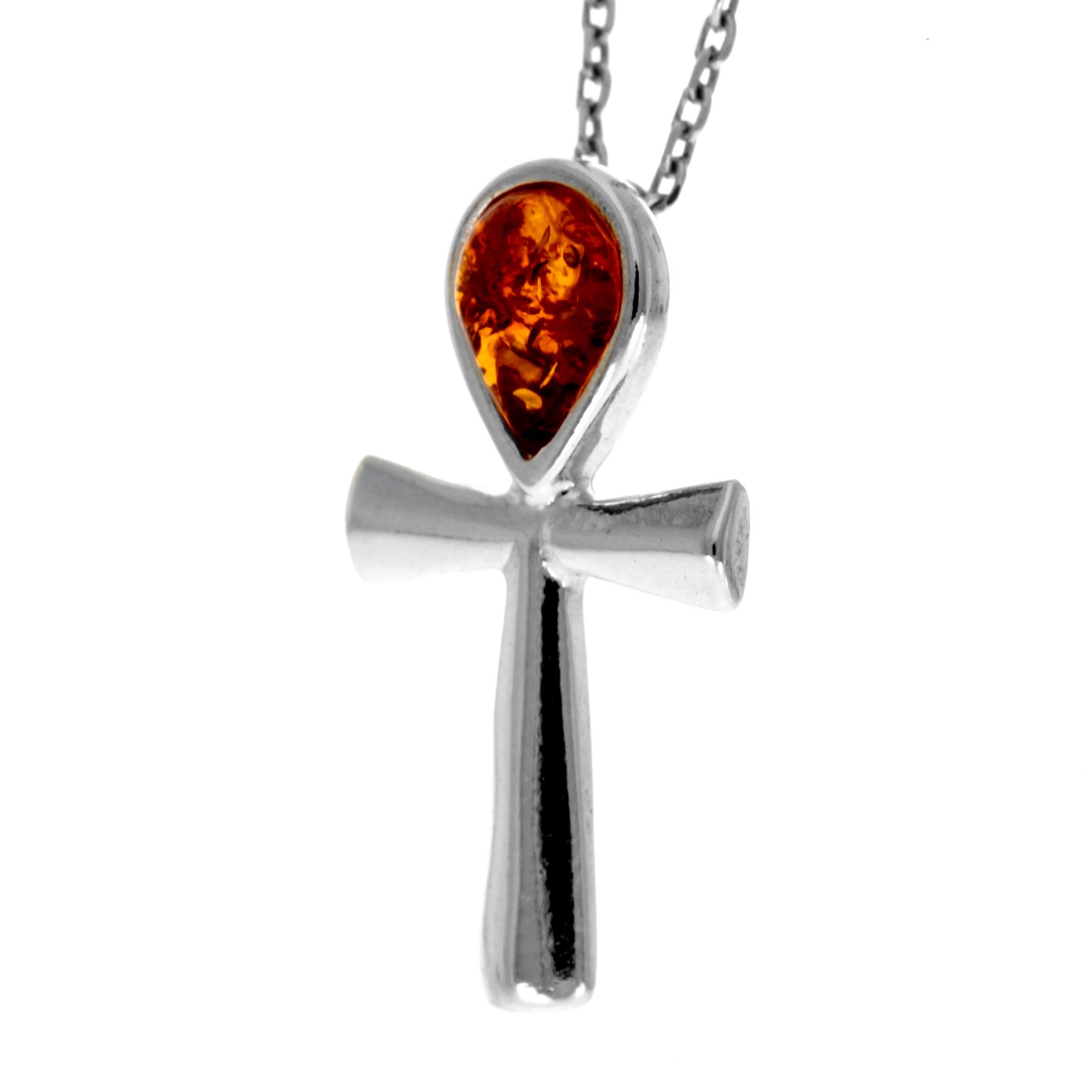 925 Sterling Silver & Genuine Baltic Amber Classic Teardrop Cross Pendant - GL233