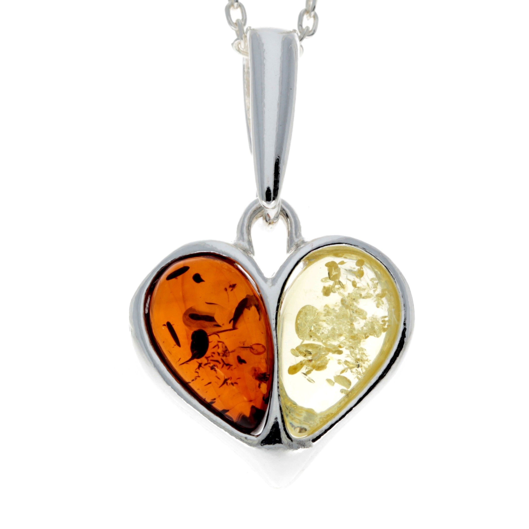 925 Sterling Silver & Genuine Teardrop Baltic Amber Classic Heart Pendant - GL244