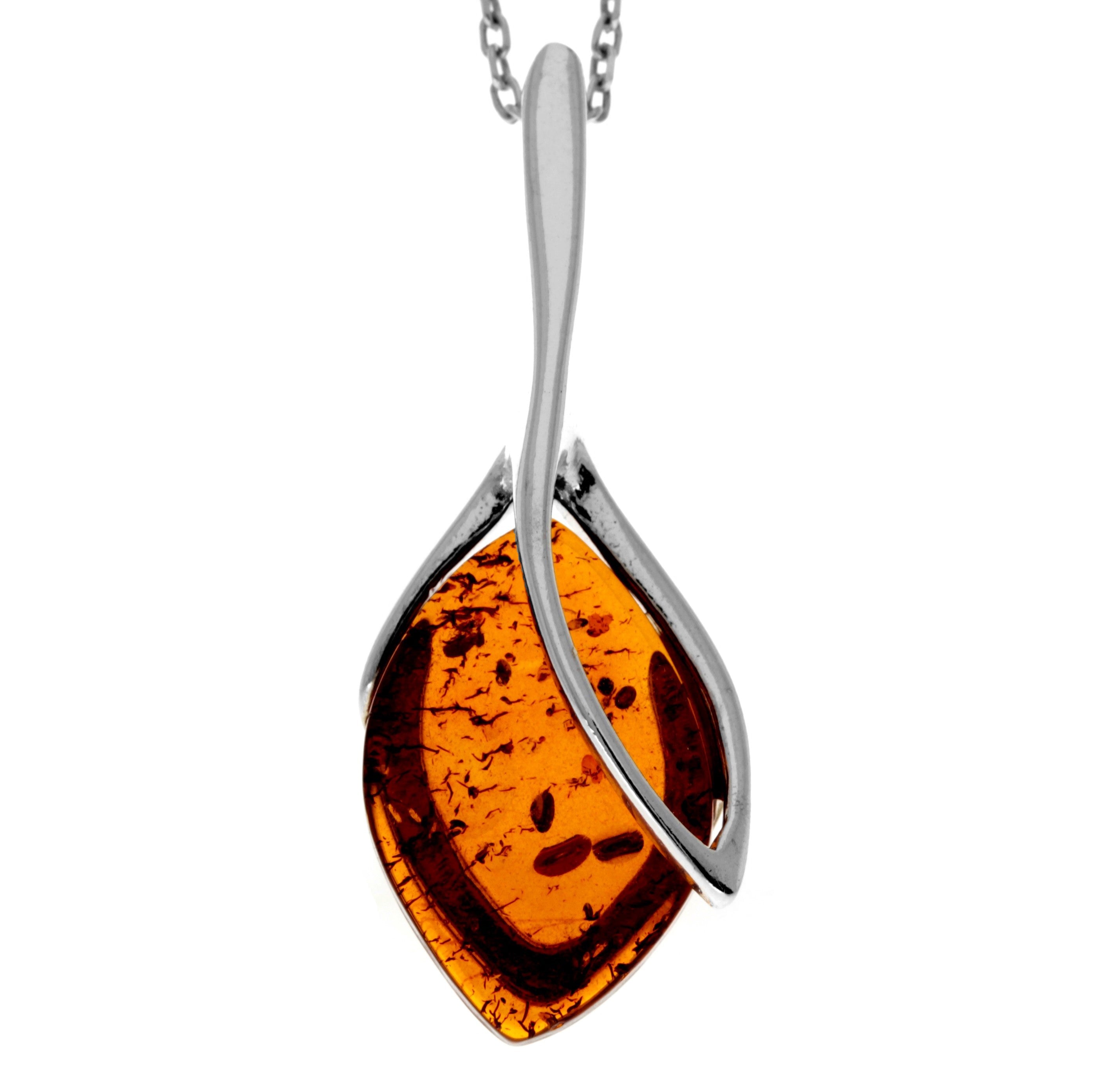 925 Sterling Silver & Genuine Baltic Amber Classic  Teardrop Modern  Pendant - GL282