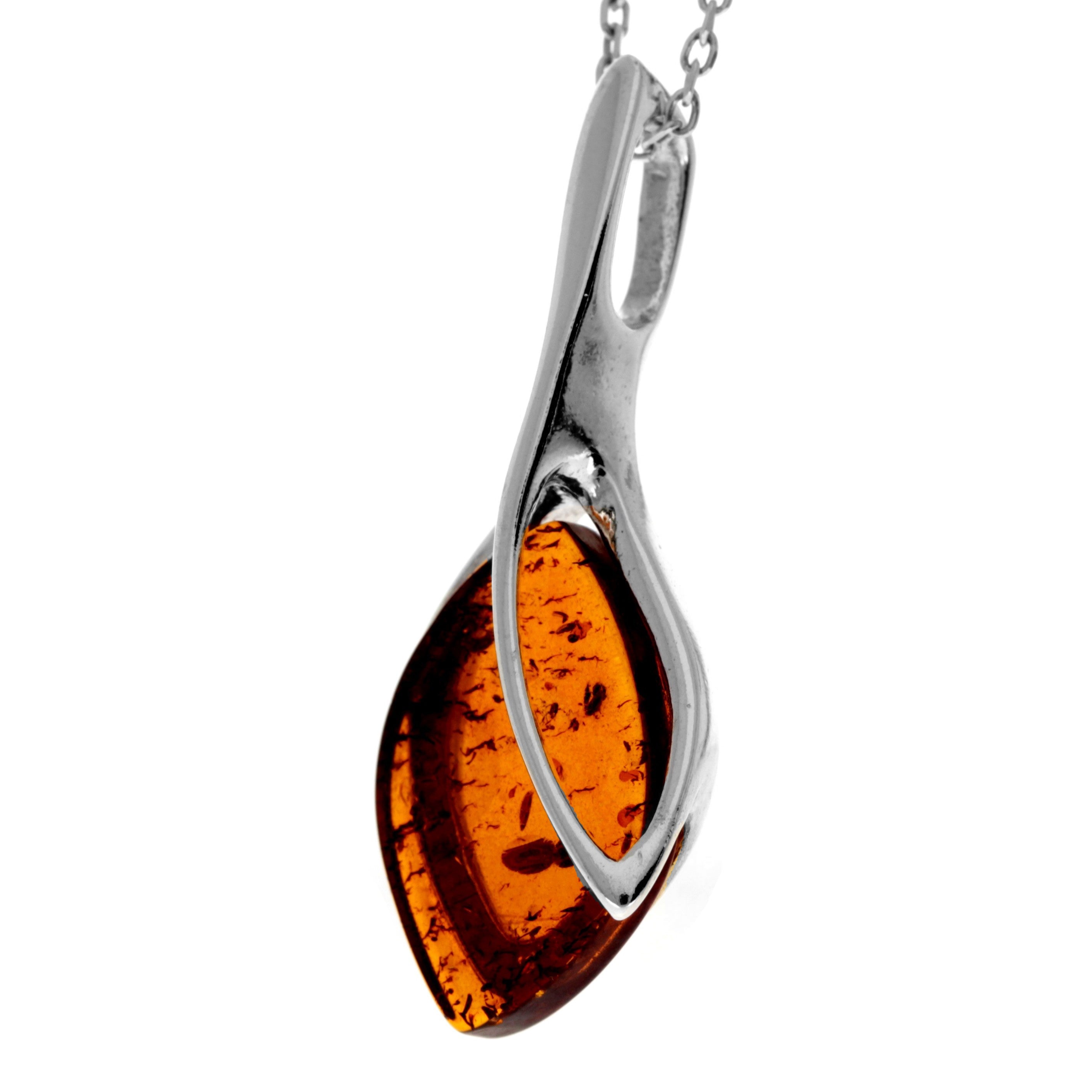 925 Sterling Silver & Genuine Baltic Amber Classic  Teardrop Modern  Pendant - GL282