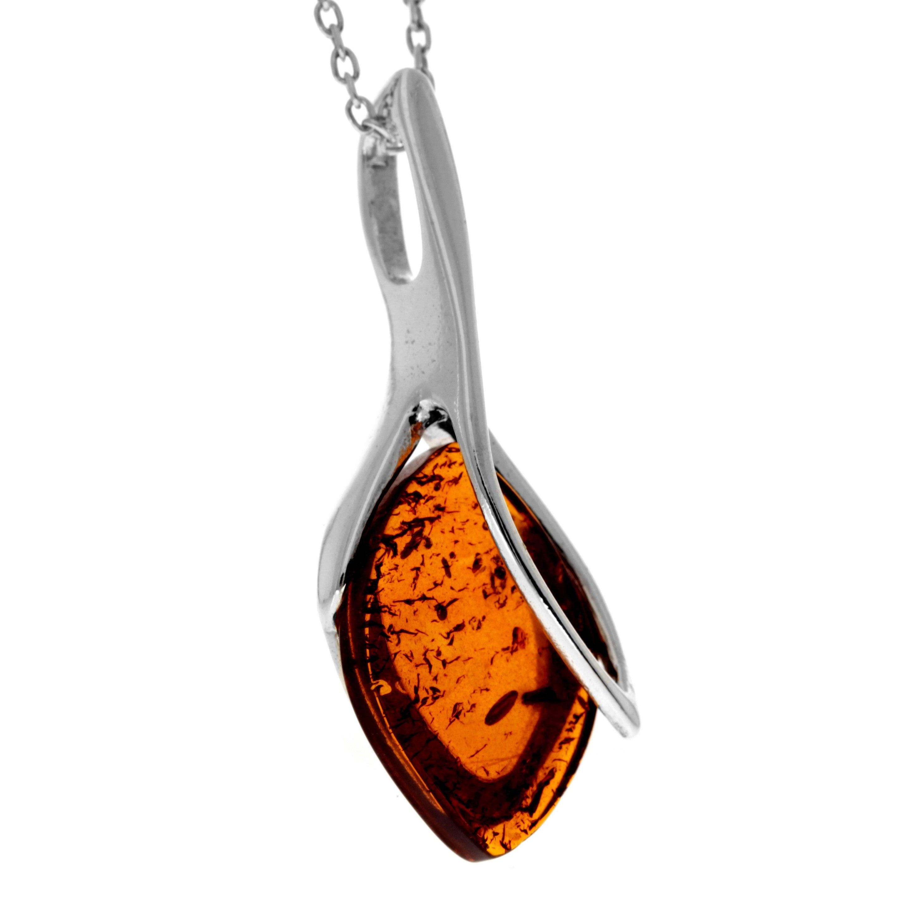 925 Sterling Silver & Genuine Baltic Amber Classic  Teardrop Modern  Pendant - GL282