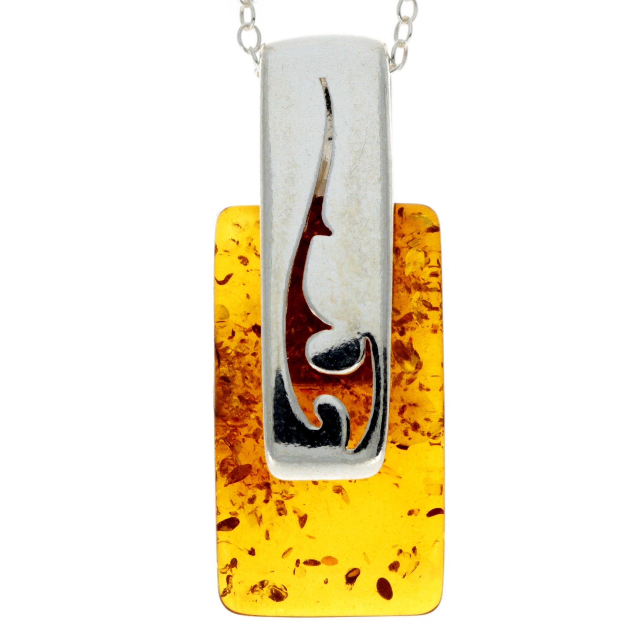 925 Sterling Silver & Genuine Baltic Amber Rectangular Modern Pendant - GL294