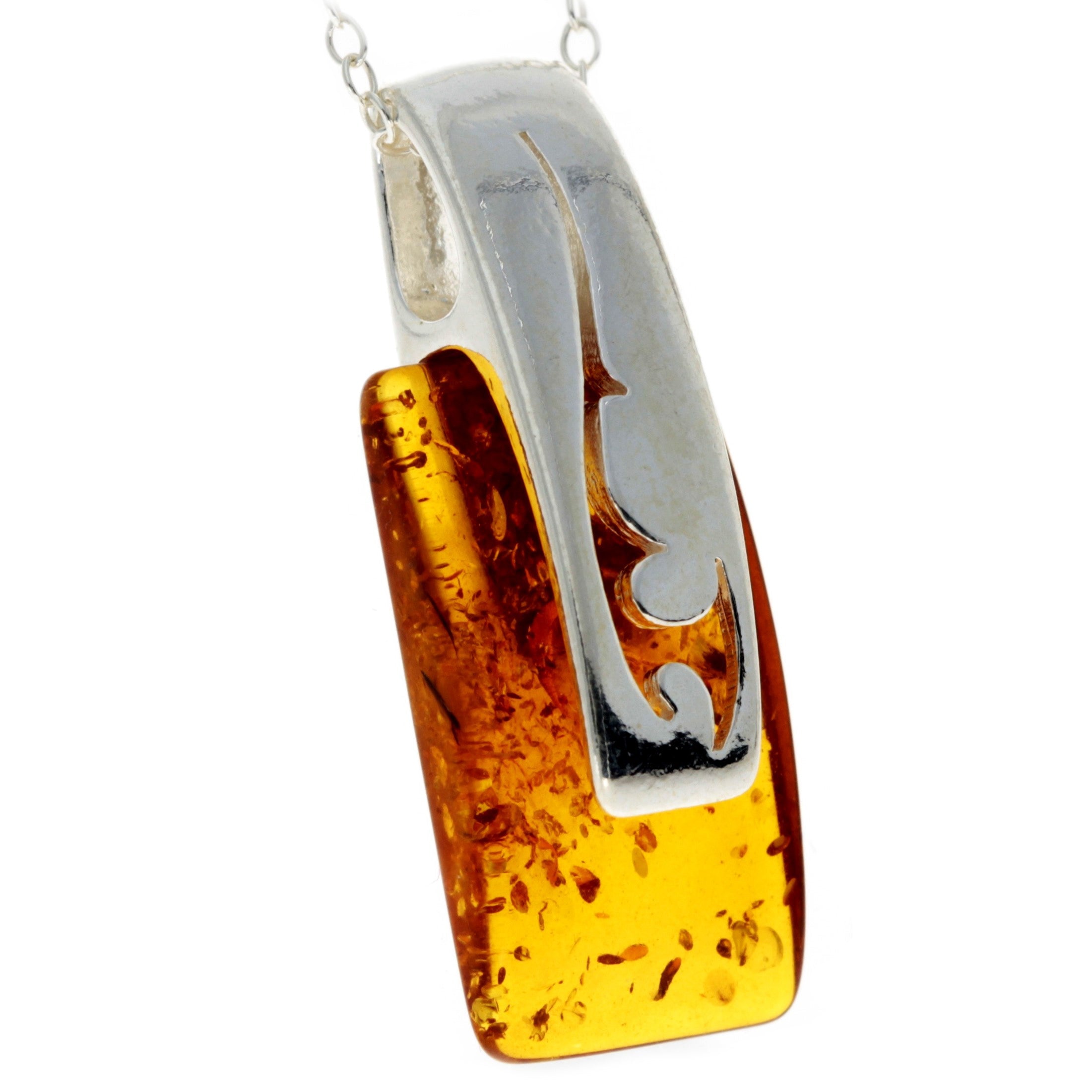 925 Sterling Silver & Genuine Baltic Amber Rectangular Modern Pendant - GL294