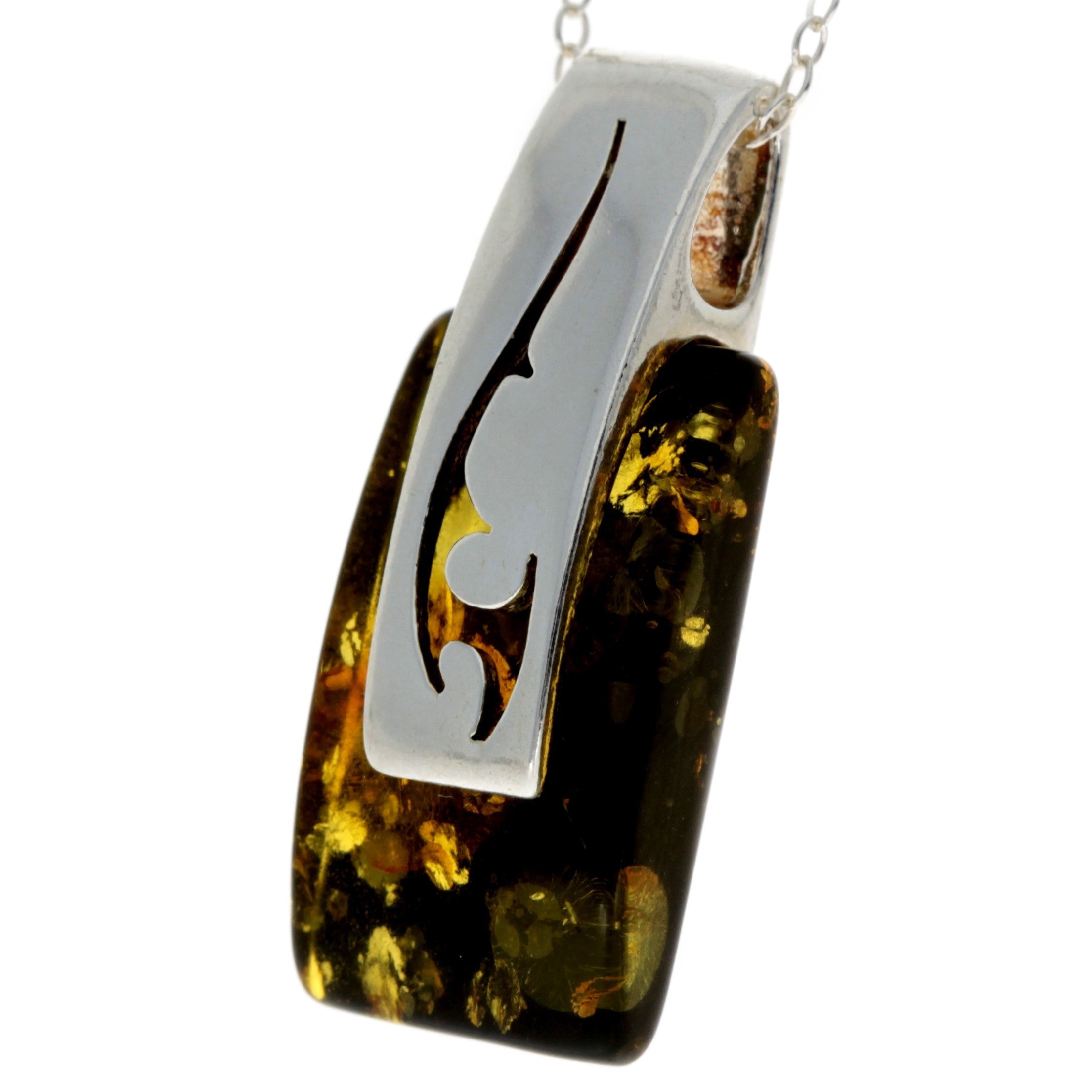 925 Sterling Silver & Genuine Baltic Amber Rectangular Modern Pendant - GL294