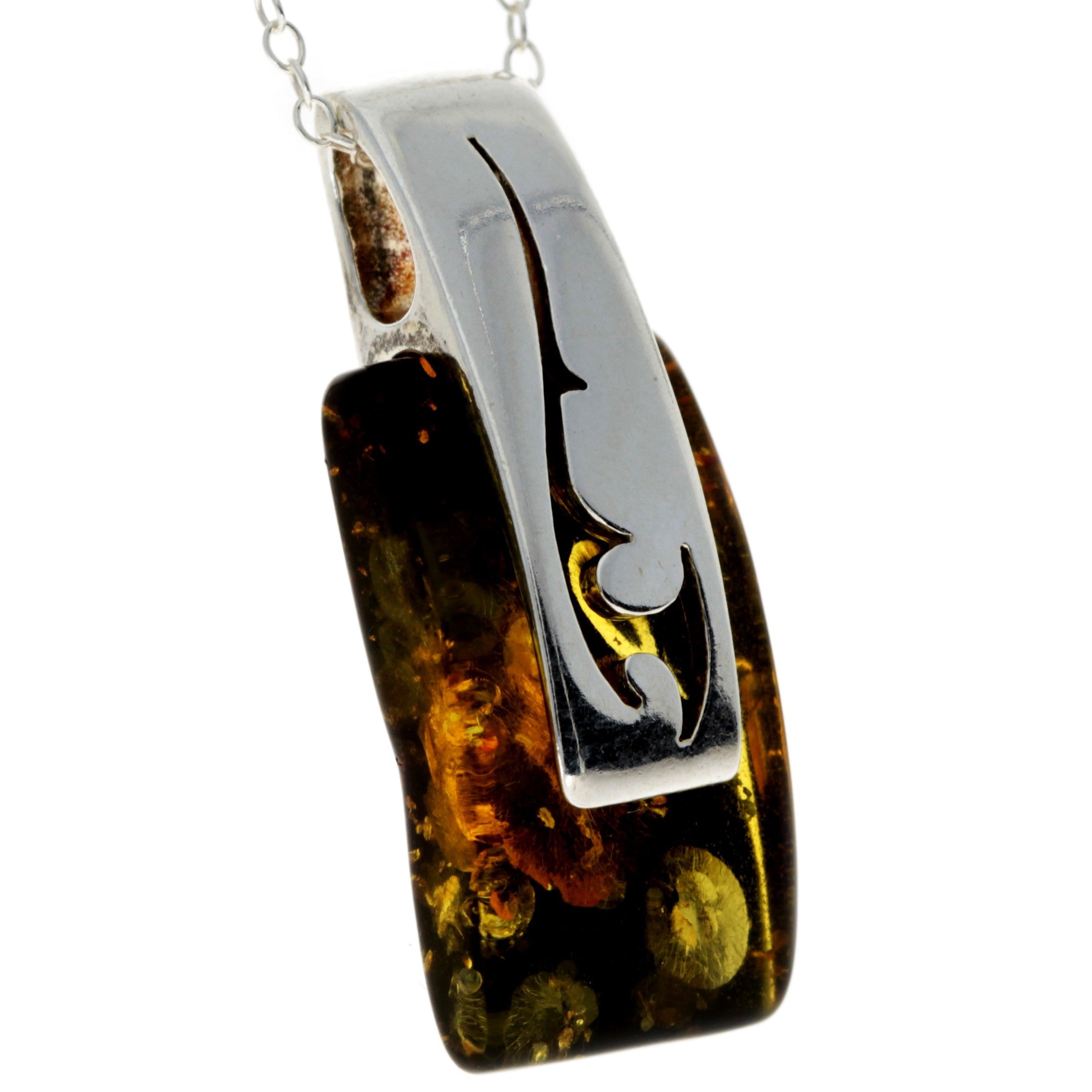 925 Sterling Silver & Genuine Baltic Amber Rectangular Modern Pendant - GL294