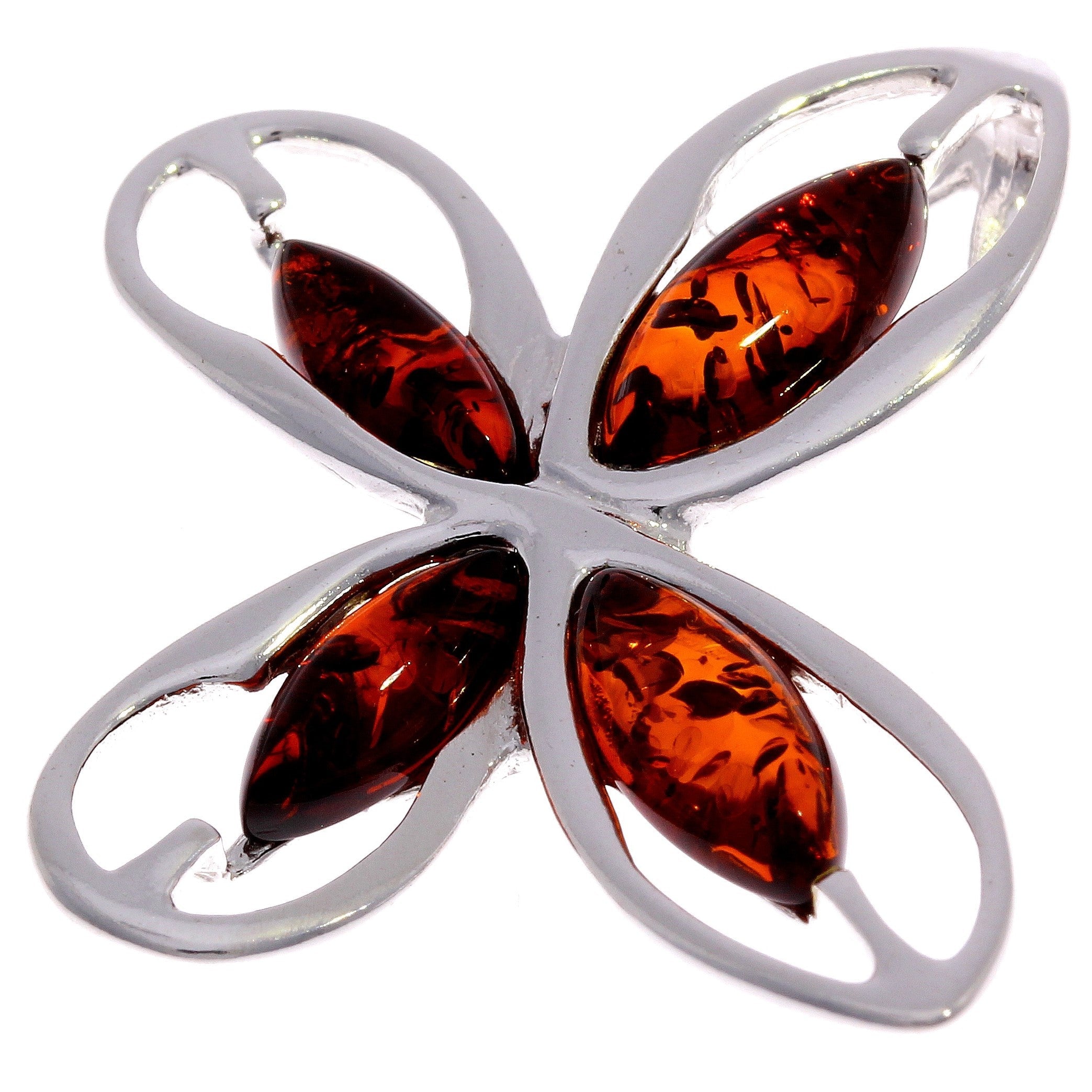 925 Sterling Silver & Genuine Baltic Amber Modern Butterfly Pendant - GL316