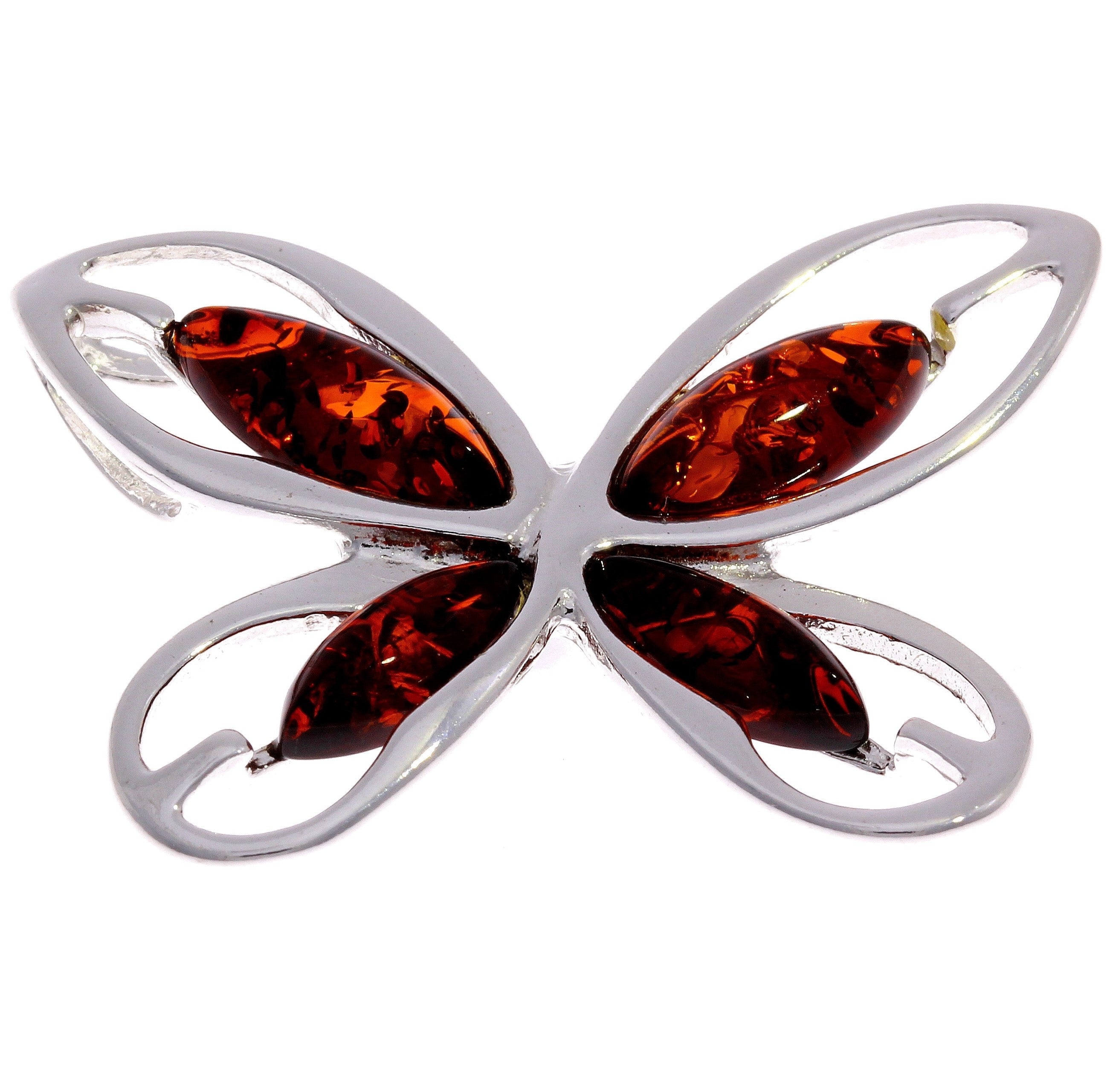 925 Sterling Silver & Genuine Baltic Amber Modern Butterfly Pendant - GL316