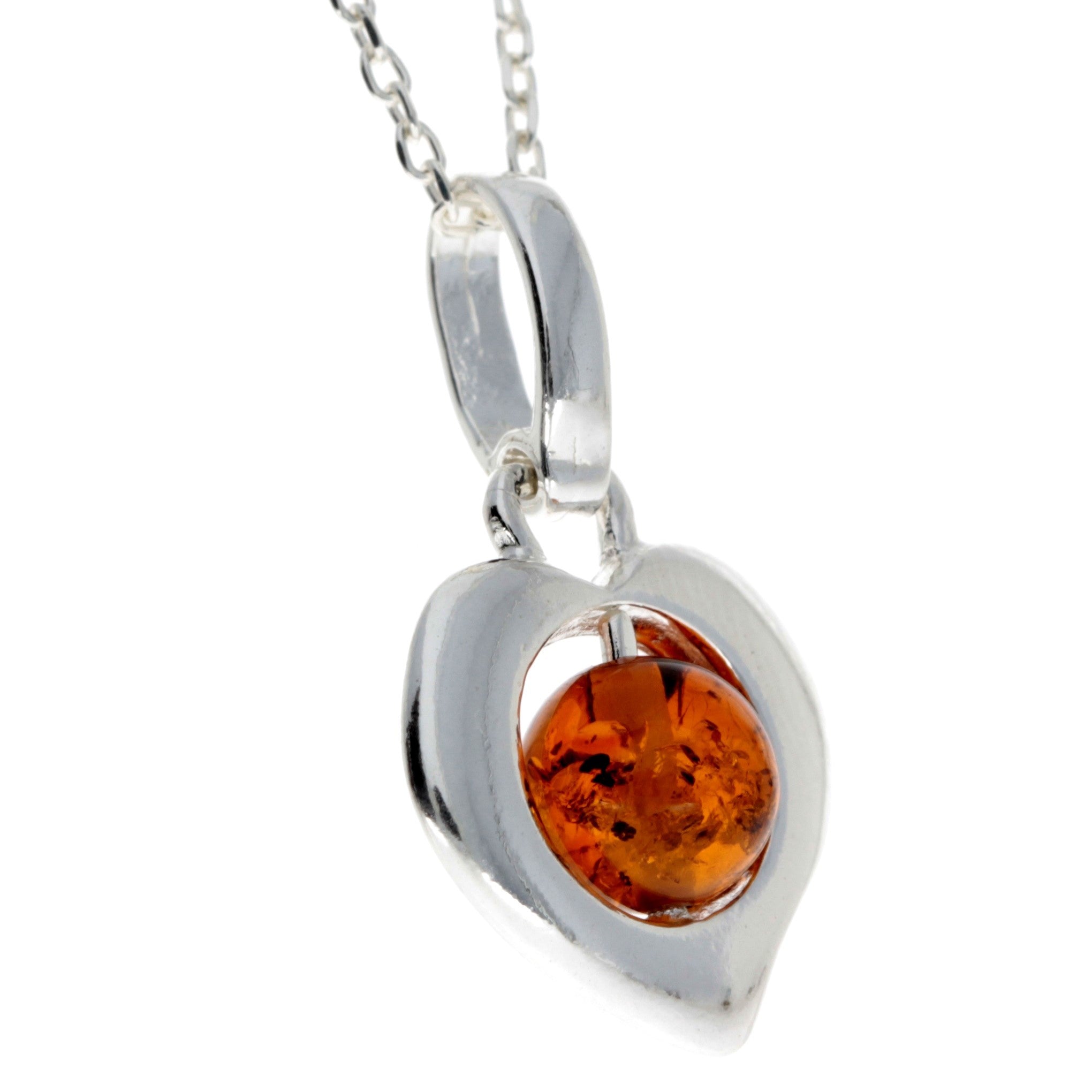 925 Sterling Silver & Genuine Baltic Amber Ball Heart Pendant - GL341