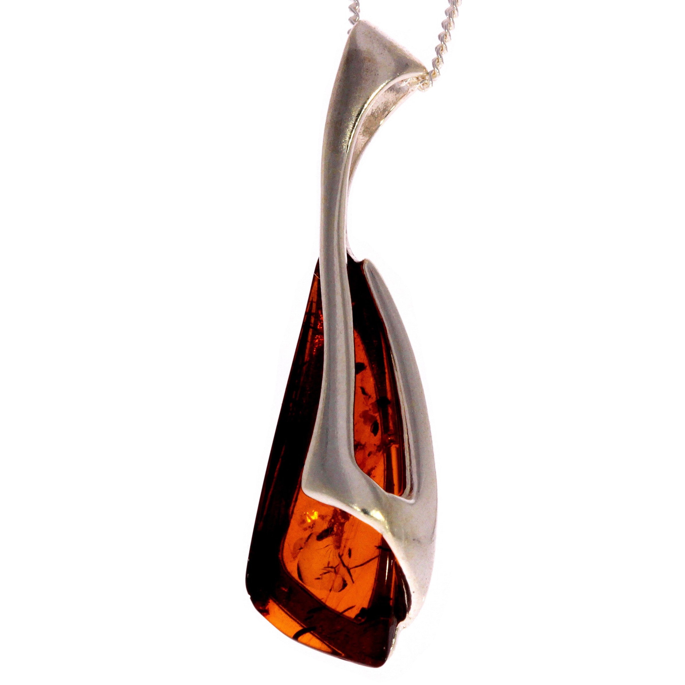 925 Sterling Silver & Genuine Baltic Amber Modern Pendant - GL344