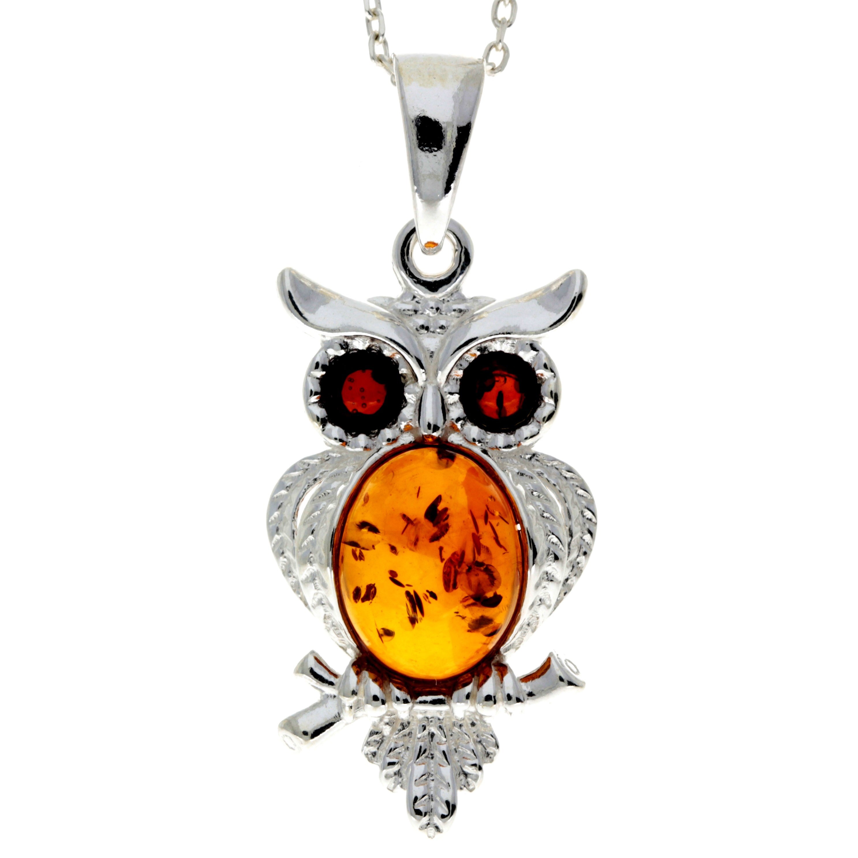 925 Sterling Silver & Baltic Amber Wise Owl Pendant - GL359