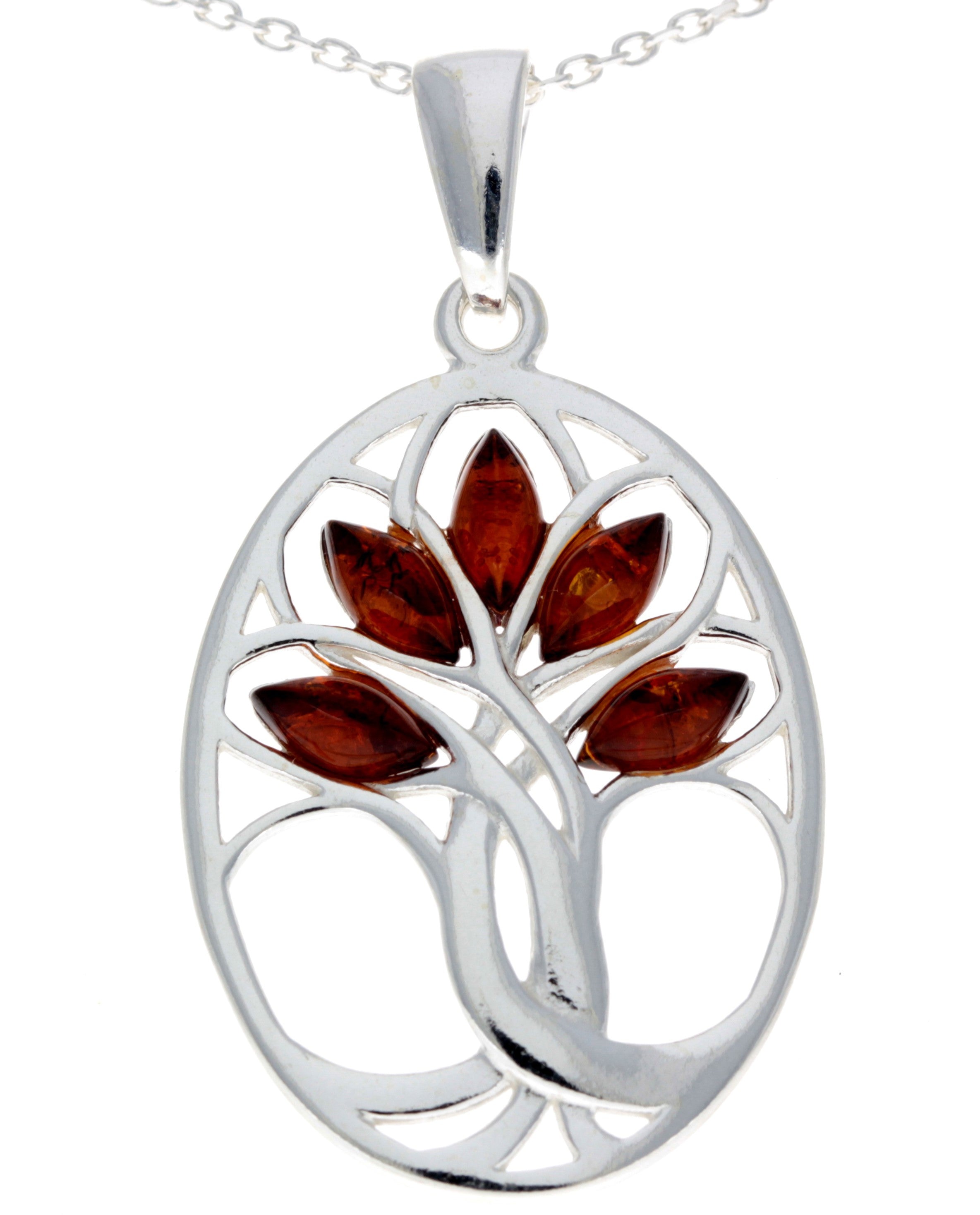 925 Sterling Silver & Baltic Amber Tree of Life Oval Pendant - GL364