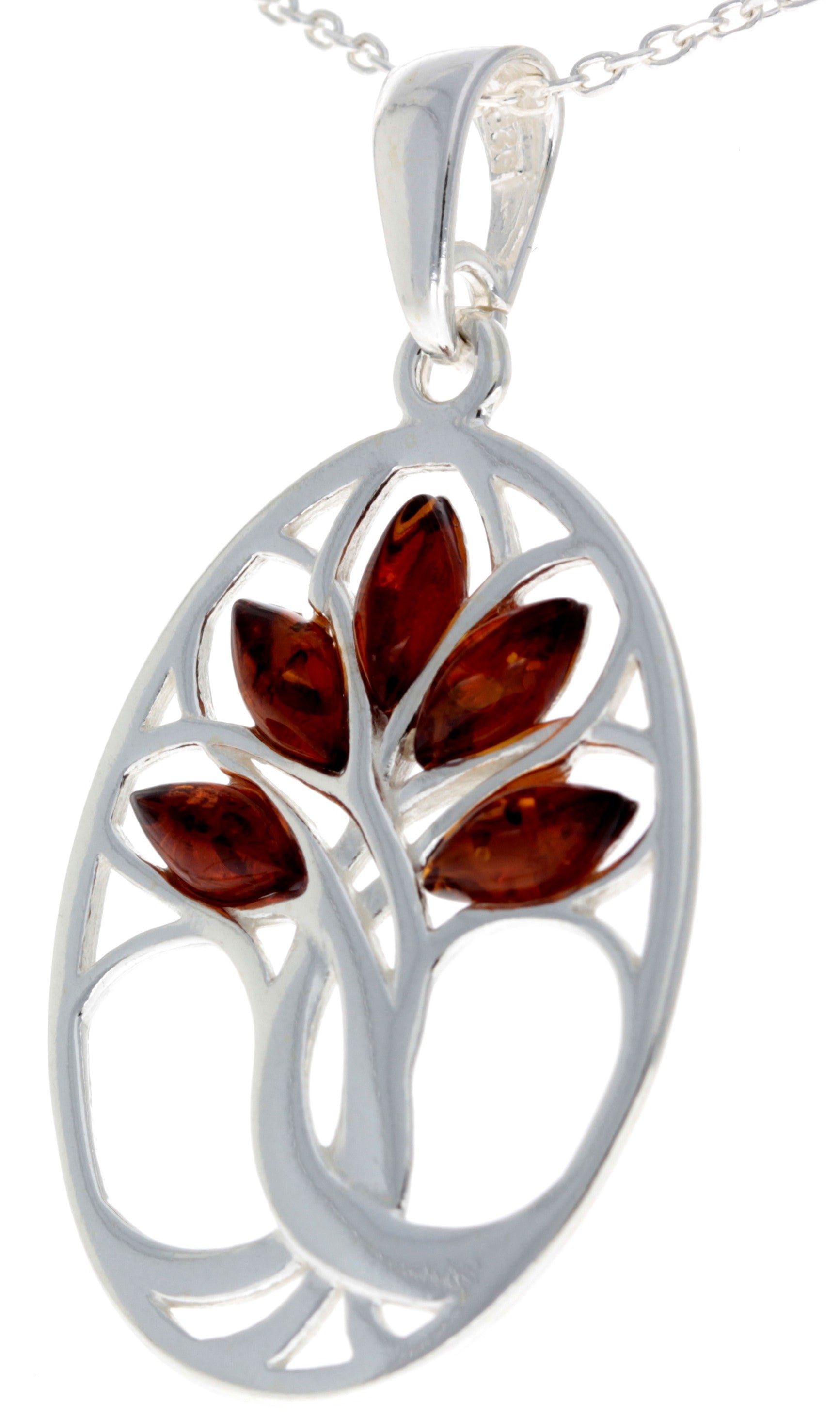 925 Sterling Silver & Baltic Amber Tree of Life Oval Pendant - GL364