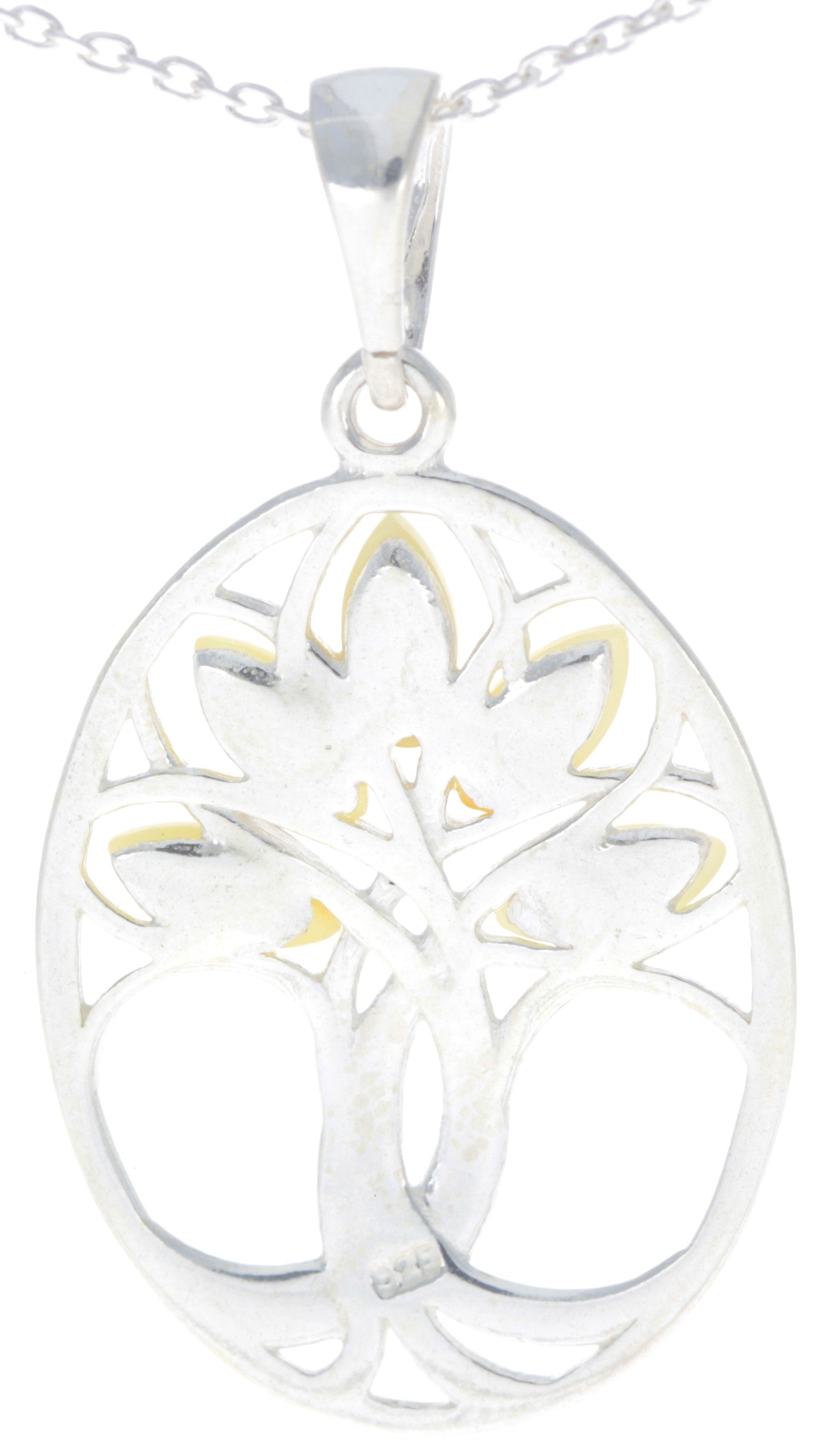 925 Sterling Silver & Baltic Amber Tree of Life Oval Pendant - GL364