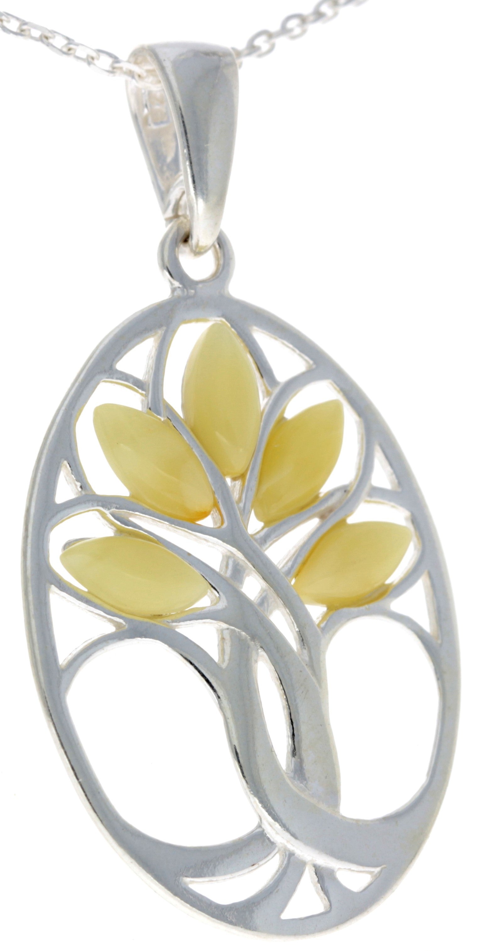 925 Sterling Silver & Baltic Amber Tree of Life Oval Pendant - GL364