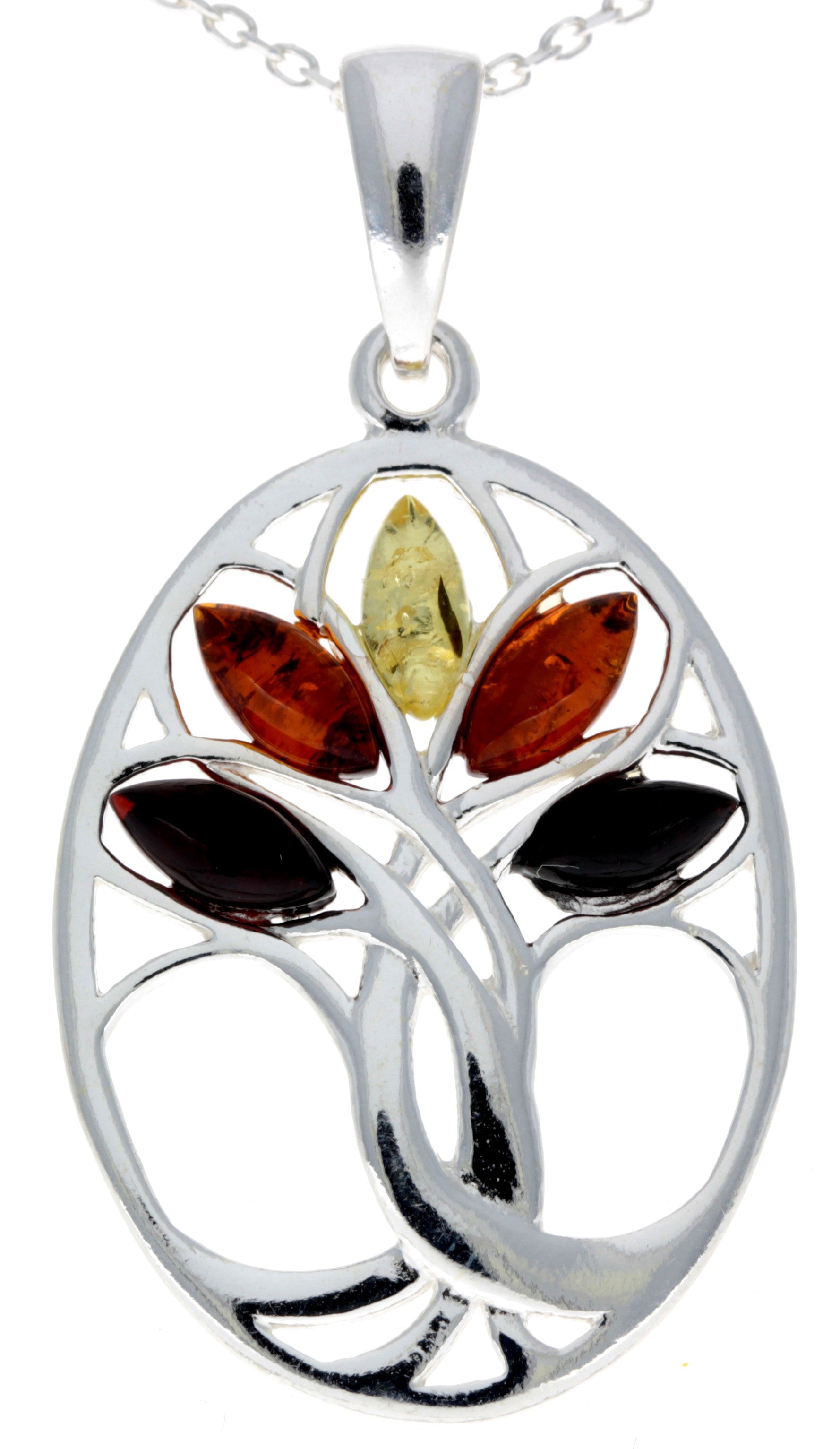 925 Sterling Silver & Baltic Amber Tree of Life Oval Pendant - GL364