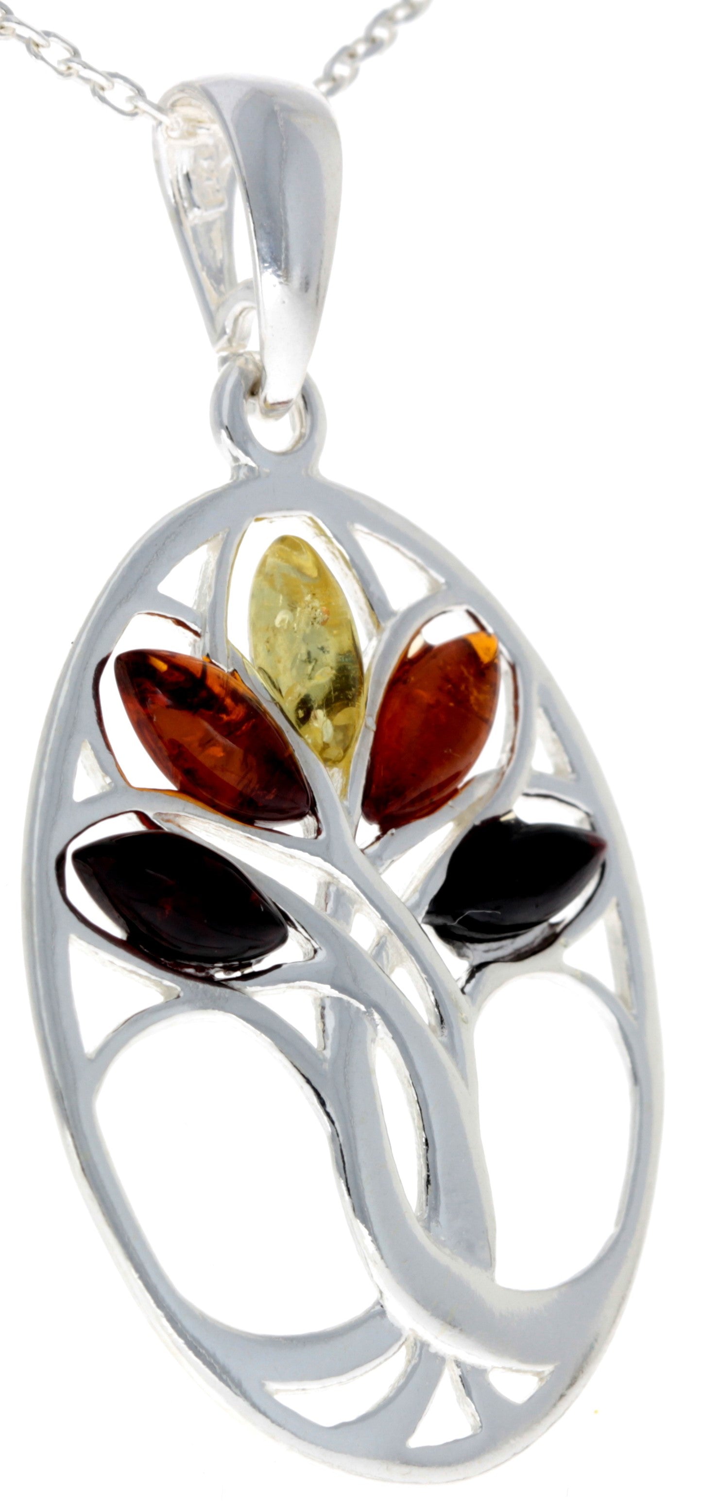 925 Sterling Silver & Baltic Amber Tree of Life Oval Pendant - GL364