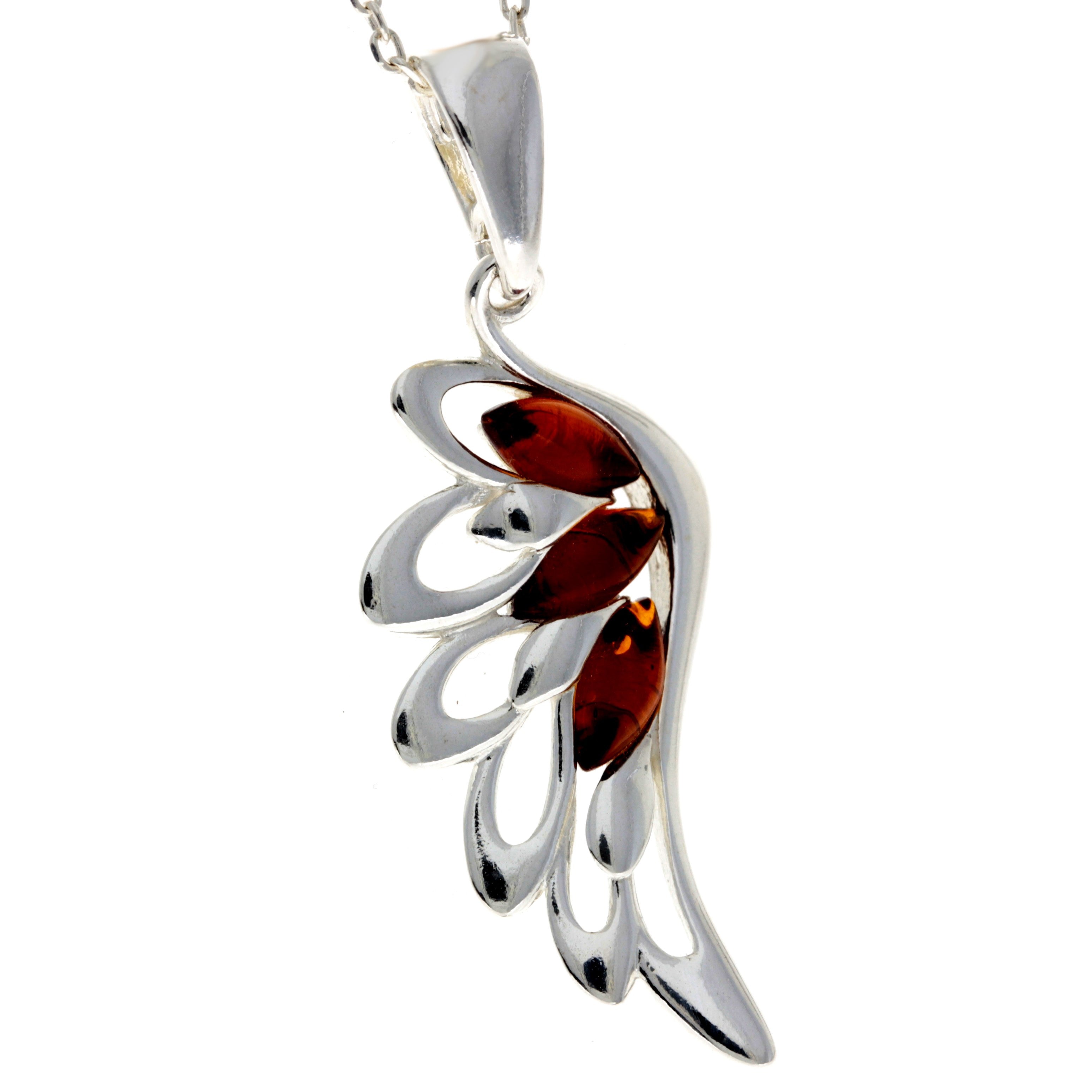 925 Sterling Silver & Genuine Baltic Amber Lucky Angel Wing Pendant - GL367S