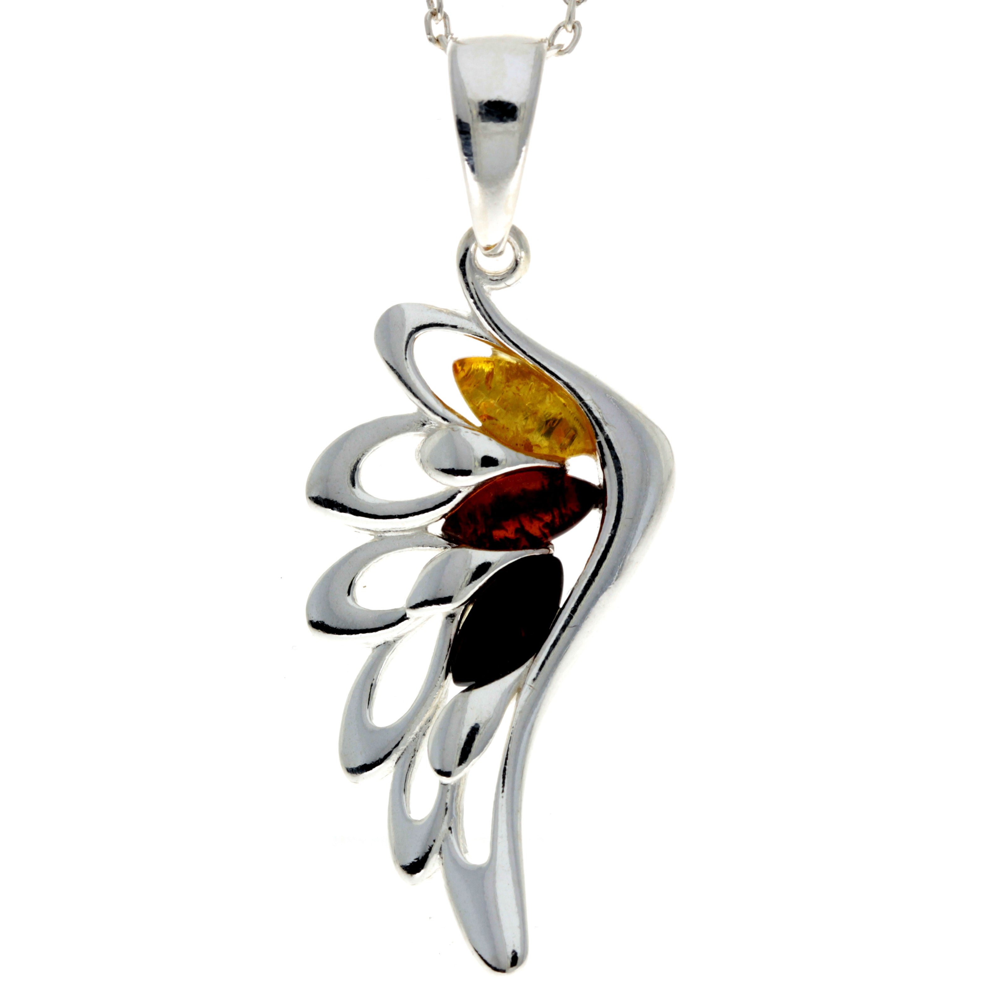 925 Sterling Silver & Genuine Baltic Amber Lucky Angel Wing Pendant - GL367S